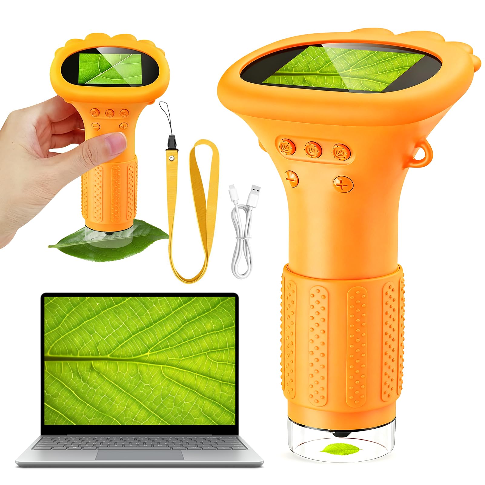 Microscope Portable pour Enfants, 1000X Mini Microscope Numérique avec Écran IPS 2,0" et 8 LED, Microscopes de Poche USB Type-C Compatible PC, Jouet Scientifique pour Enfants dès 3 Ans, Jaune