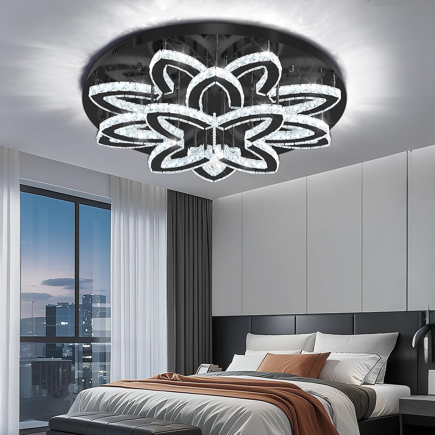 Dia 32" Modern Chandeliers for Living Room Crystal Ceiling Chandelier Round Chandeliers for Dining Room Bedroom Living Room Entryway Black Flush Mount Crystal Ceiling Light with Remote