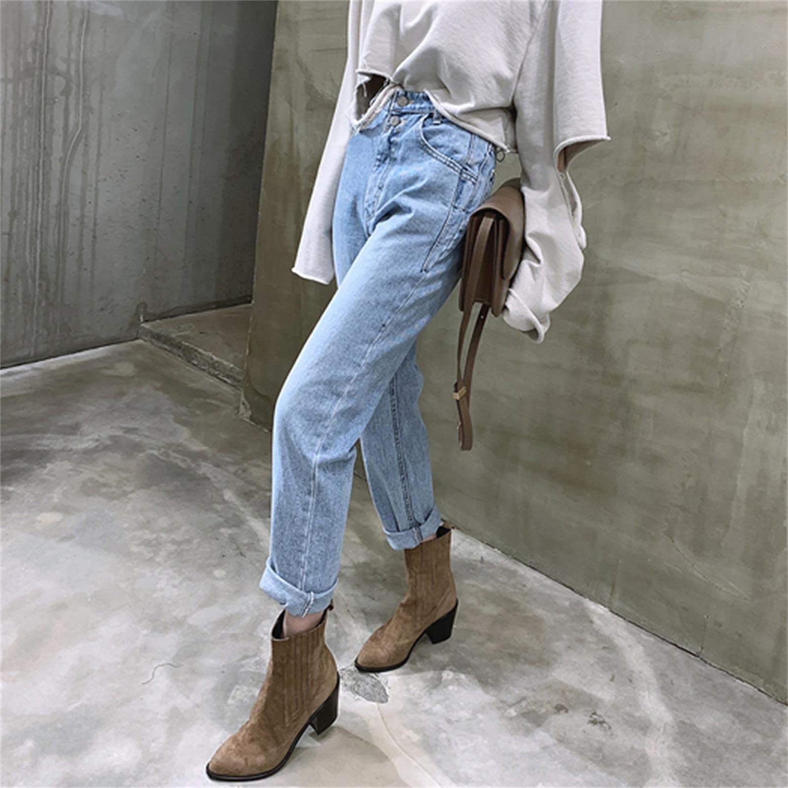 UKKO Jeans da Donna Pantalone Annata dei Jeans Dritto della Vita Alta per Le Donne Streetwear Streetwear Shoes Shouser