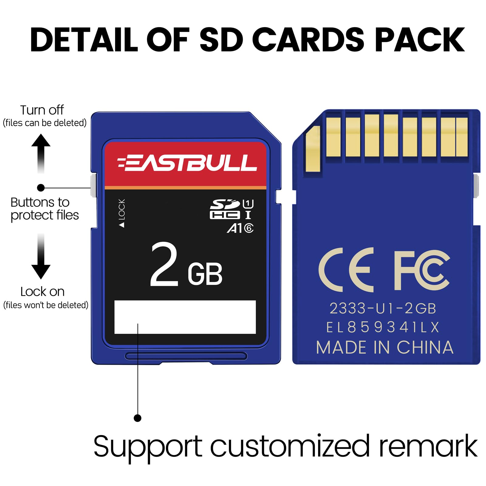 EASTBULL Confezione da 5 schede di memoria SD da 2 GB, classe 6, U1 V30, SDHC, per fotocamera, video Full HD, con 5 mini custodie (2 GB, confezione da 5)