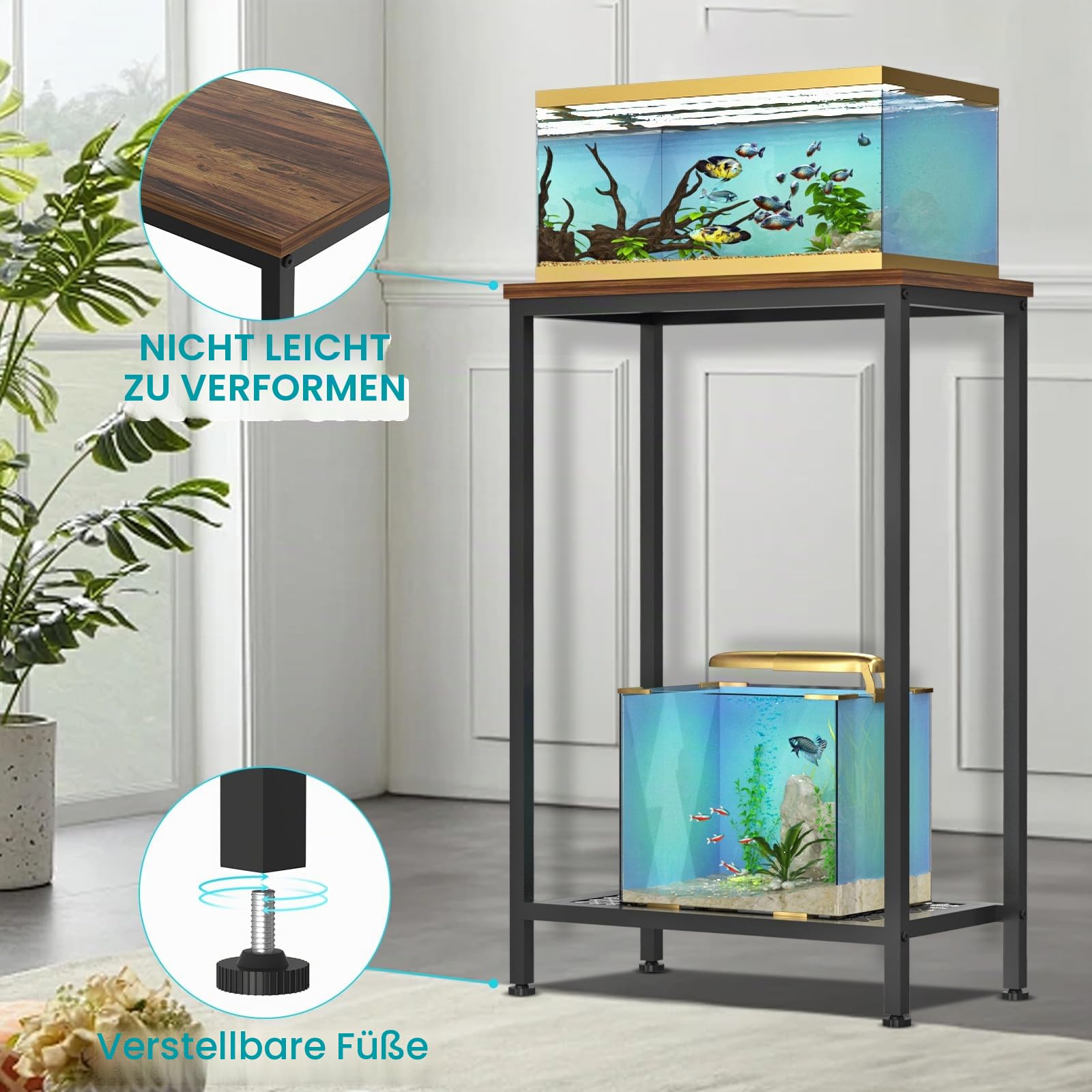 Aquarium-Ständer, 2-stöckig, kleiner Aquariumständer, Metall, Reptilienzüchter, Schildkröten-Terrarium, Pflanzenständer für Heimbüro, Belastung 159 kg, 53 cm L x 30 cm B x 81,5 cm H, Schwarz