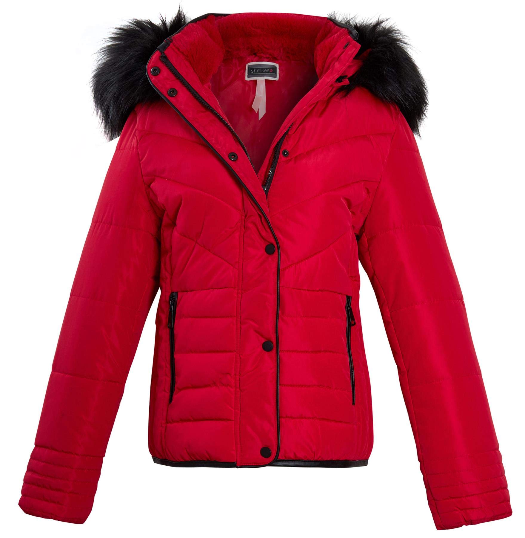 shelikes Women's Winter Padded Jacket Quilted Warm Faux Fur Hooded Coat Ladies Parka Jacket