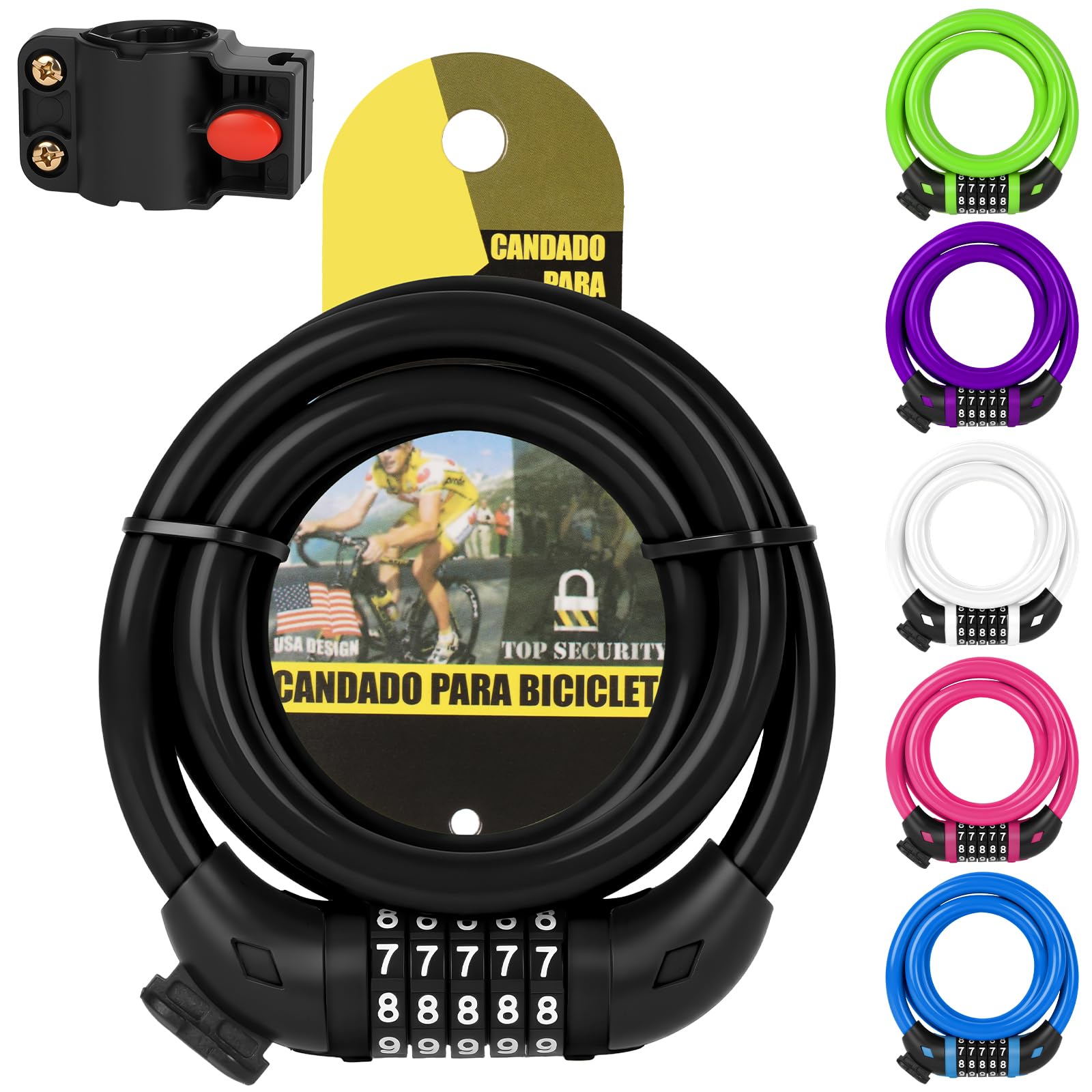 Ainiv Candado Bicicleta, Candado Patinete Electrico de 5 Dígitos, 1.2mx12mm Cerradura o Bicicleta Antirrobo con Soporte, Combinación de para Bicicleta, Scooter, Monopatín(Negro)