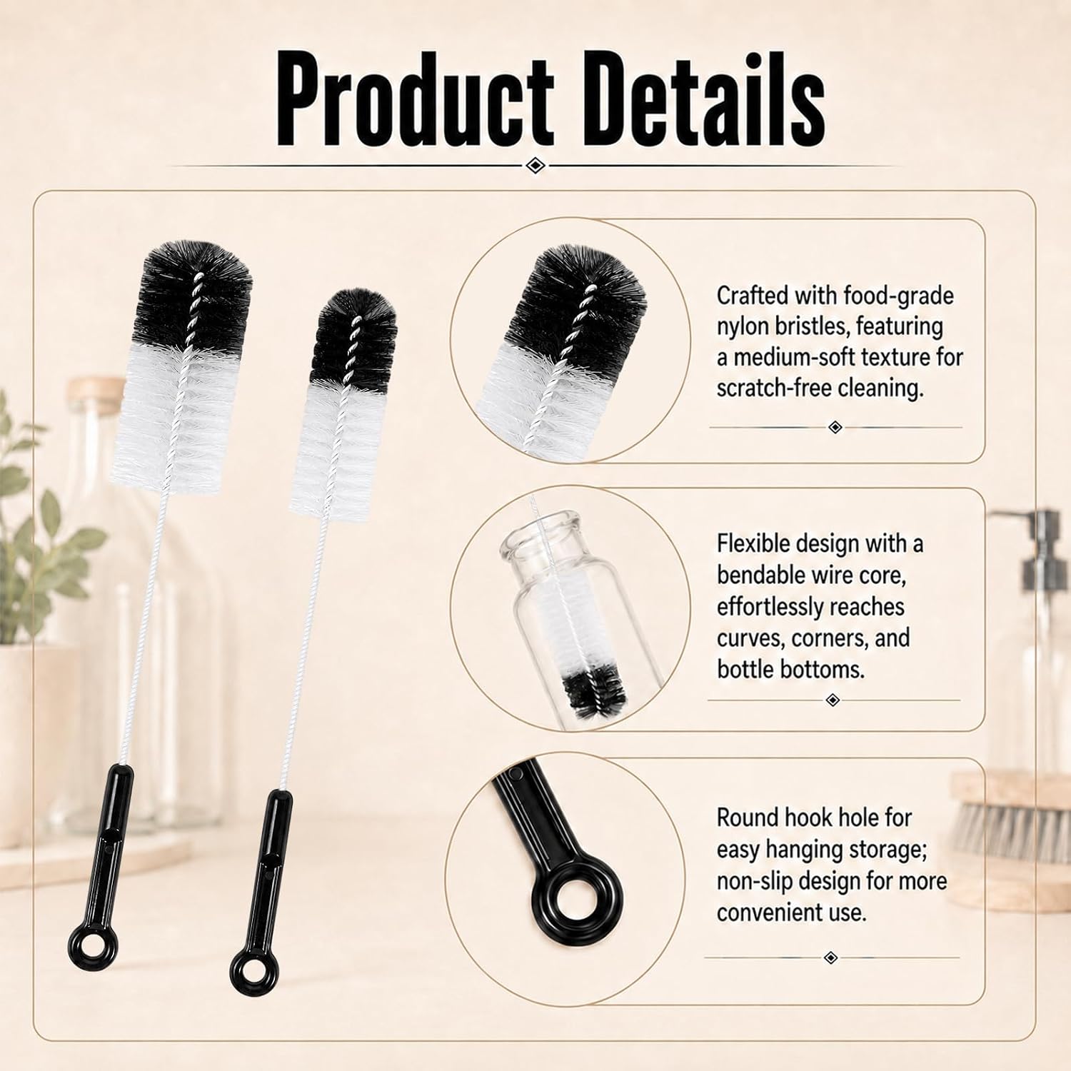 2 Pcs Bottle Brushes, Thin Long Handle, for Narrow-Neck Bottles | Deep Clean for Any Bottle; Safe Food-Grade Materials; Cleaning Baby Bottles, Water Bottles