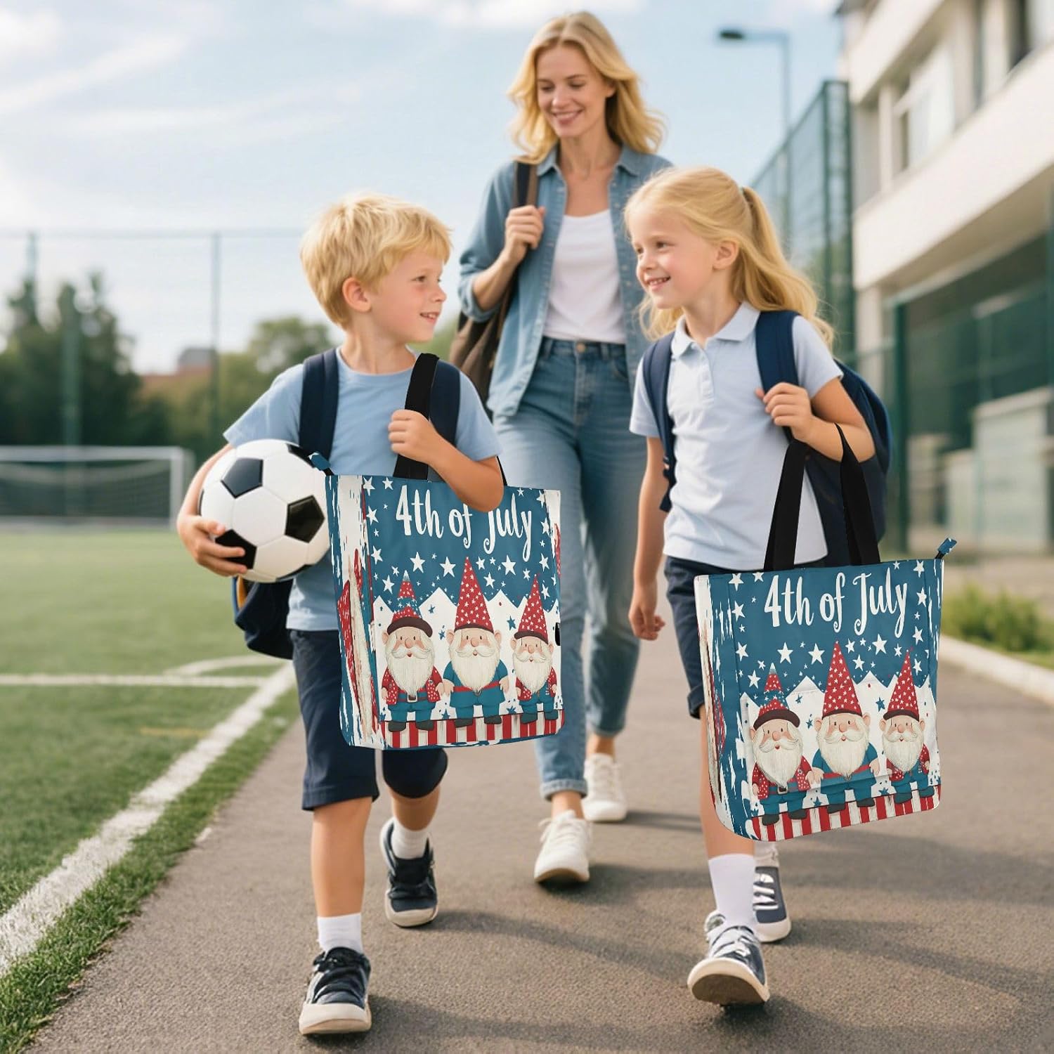 Decorative Cute Book Tote Bag for Kids Adults, Cute Cartoon 4th Of July Independence Day Gnome Water-resistant Reusable Grocery Beach Bag with Zipper for School Shopping Beach Rainbow tela