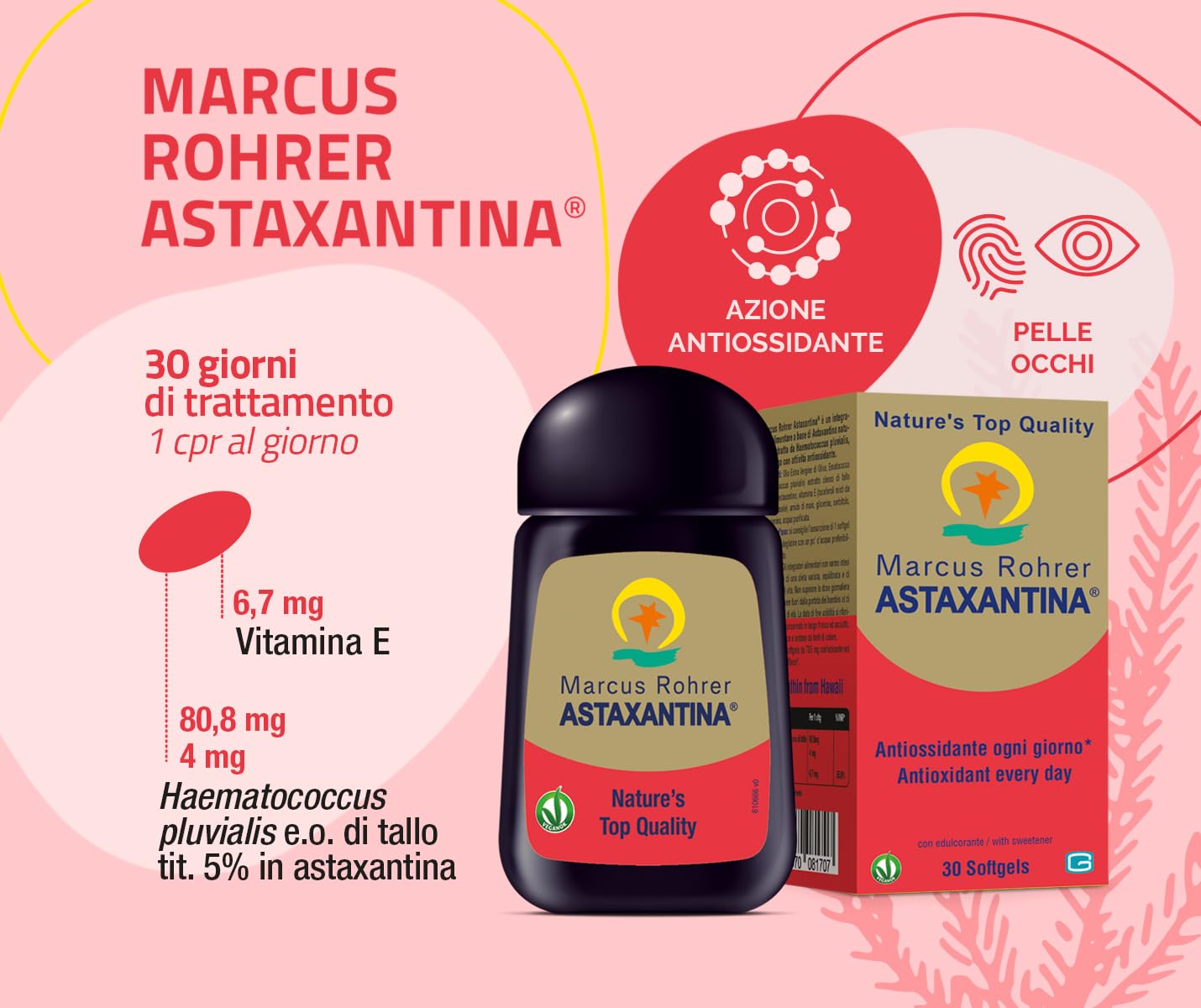 Marcus Rohrer Astaxanthine, Complément Alimentaire Antioxydant, Protection Soleil, Rayons UV, Vieillissement Peau et Yeux, Stress Oxydatif, 30 Softgel