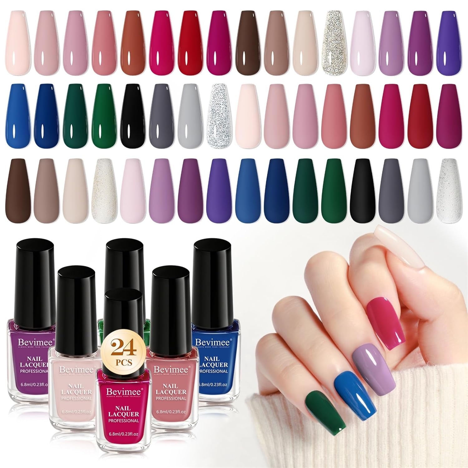 Quick Dry Nail Polish Set: 24 Colors Regular Fingernail Polish Non Gel Bulk Black Nude Pink Red Green Blue Purple Long Lasting French Nail Art DIY Home Gift Set for Women