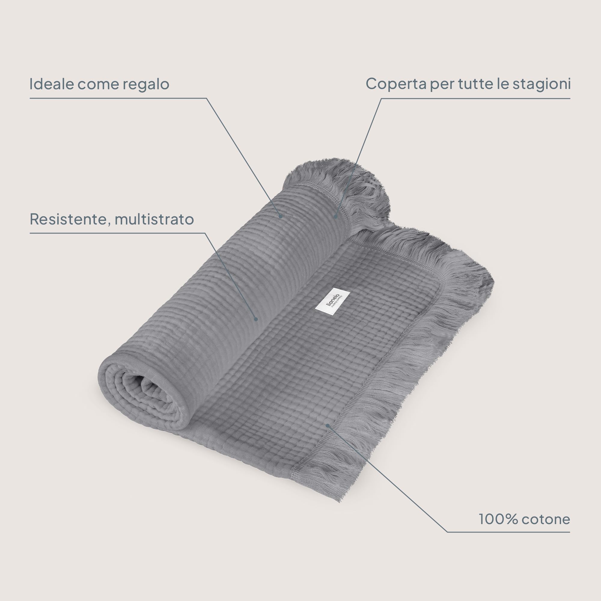 lionelo MUSLIN BLANKET Copertina Neonato in Cotone 100% Mussola, 70 x 100 cm, 6 Strati Morbida e Traspirante 4 Stagioni, Coperta Neonato per Carrozzina e Culla, Frange Rinforzate, Idea Regalo
