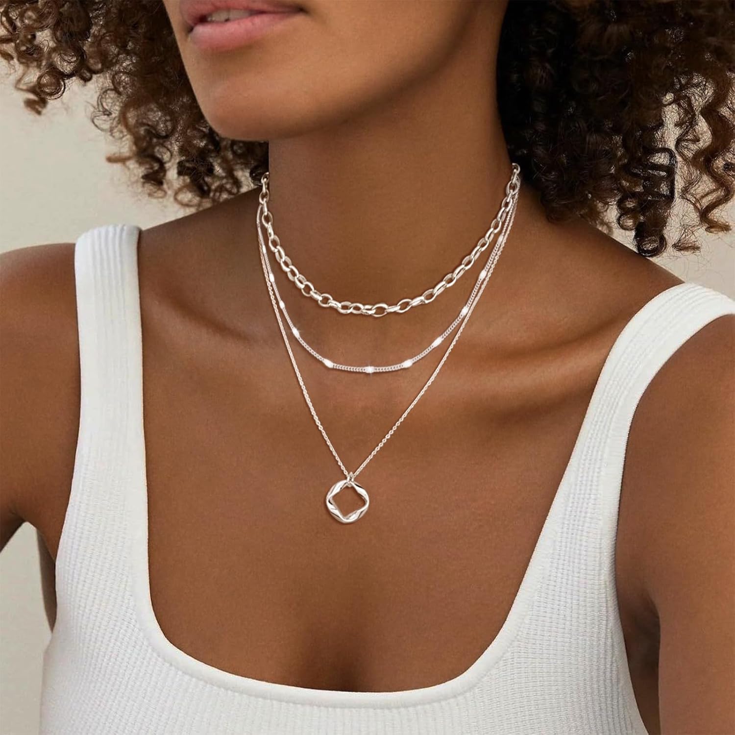 OGD Layered CZ Rondelle Pendant Necklaces for Women, 14K Gold Plated Trendy Mariner Chain Dainty Circle Rondelle Pendant Choker Necklace for Women Two-Toned Cubic Zirconia Gold Necklace - Image 4