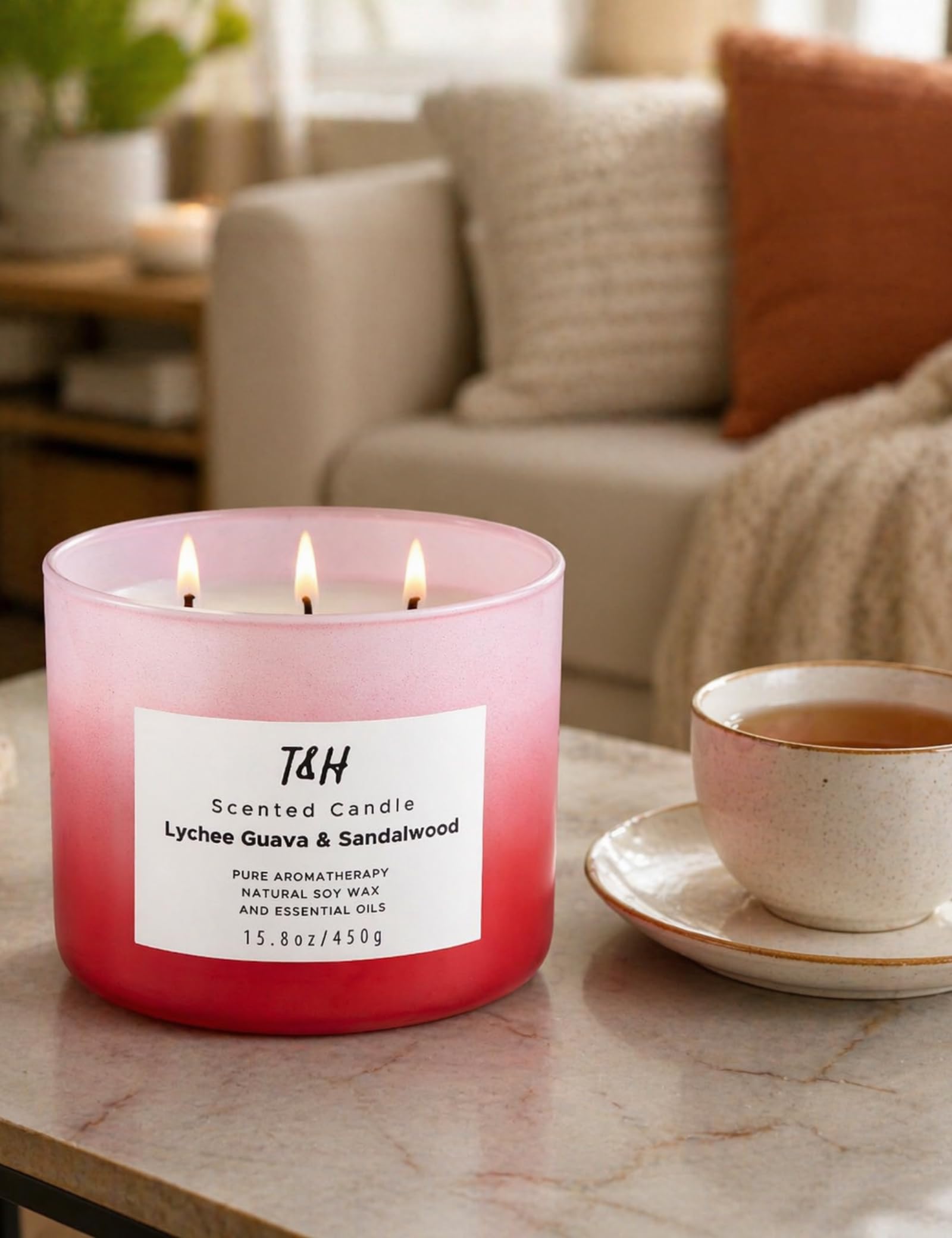 Lychee Guava e Sandalo Candela per la casa, candela di soia naturale a 3 stoppini, candela calmante per aromaterapia, regalo per donne e uomini, candela rilassante grande da 450 ml, altamente