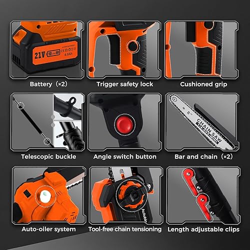Miniatura 7 de Sierras de poste eléctricas de 8 pulgadas para poda de árboles, sierra de poste inalámbrica 2 en 1 y mini motosierra con poste de extensión,
