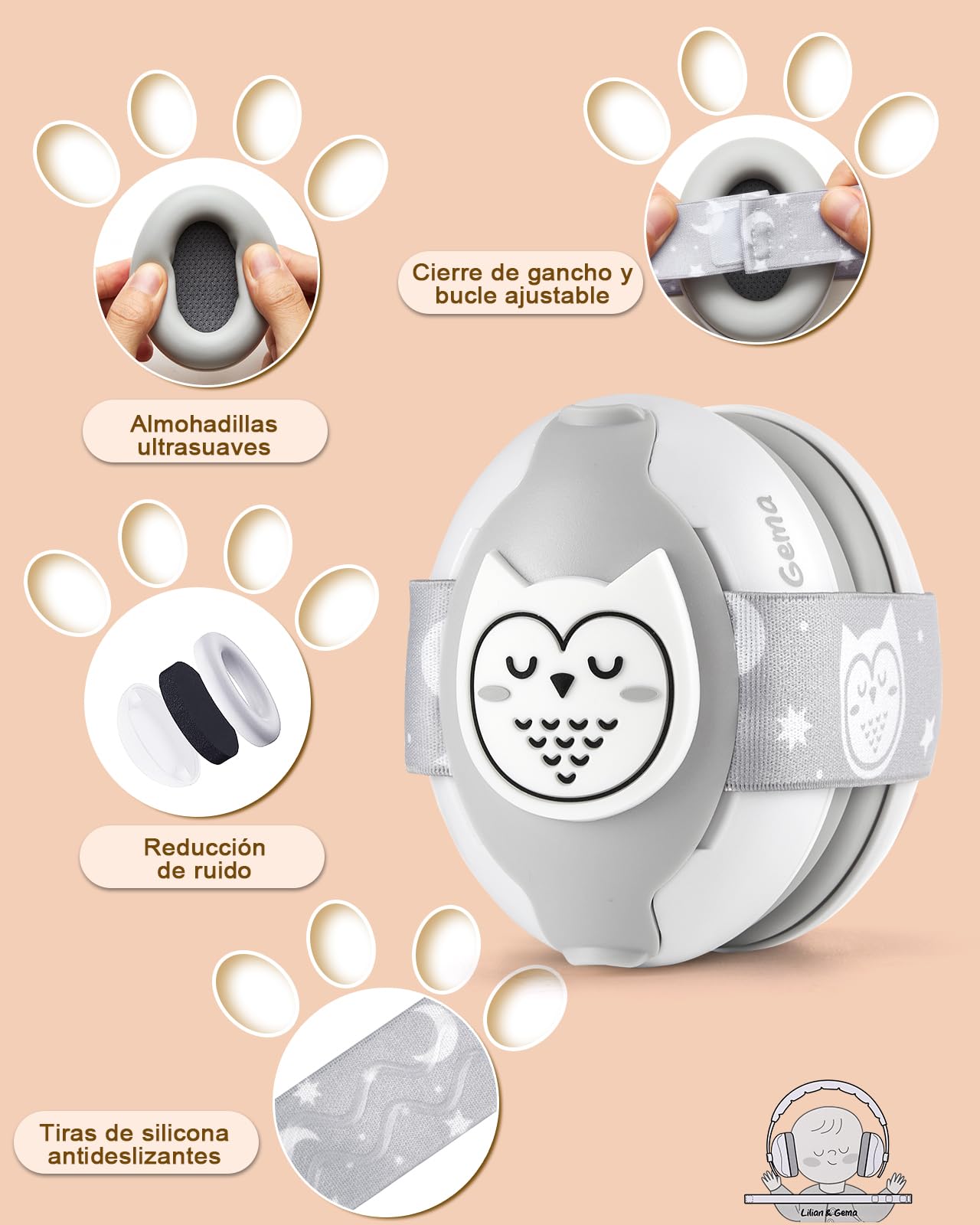 Lilian&Gema 2 en 1 Cascos Bebe Antiruido-Protectores auditivos para bebés，Diadema Ajustable, Antideslizante y sin Presión.Protección auditiva ideal para bebés de hasta 48 meses de edad