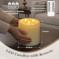 Vista 4 de Velas de pilar de cera real extra grandes de 3 mechas de 6 x 6 pulgadas sin llama con control remoto y función de temporizador, vela de grasa Marfil