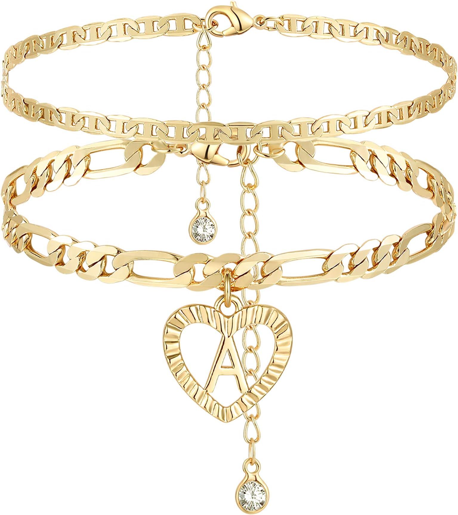YANODA Initial Ankle Bracelet for Women 14K Gold Plated Layered Figaro Chain Letter Initial Anklet Handmade Layered Heart Ankle Bracelet Personalized Gift for Women Teen Girls, 8 5 inch, Metal, Cubic