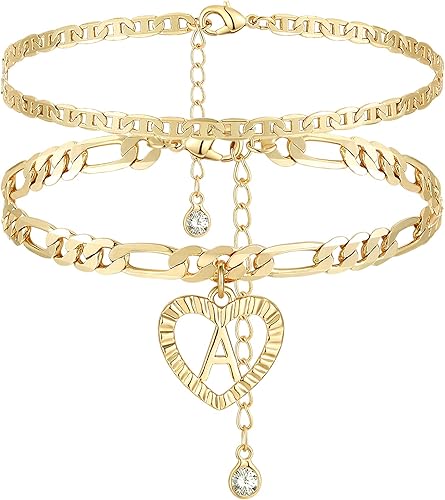 YANODA - Tobillera con cadena Figaro y letras iniciales, chapada en oro de 14quilates, hecha a mano, corazón en capas, regalos personalizados para