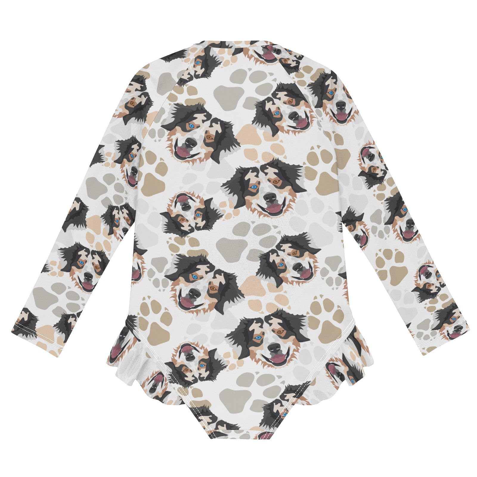 JHKKU Girls Long Sleeve Australian Shepherd Dog Swimsuit One Piece Zipper Rash Guard Bathing Suit with UPF 50+ Sun Protection Ruffle Swimwear 3T
