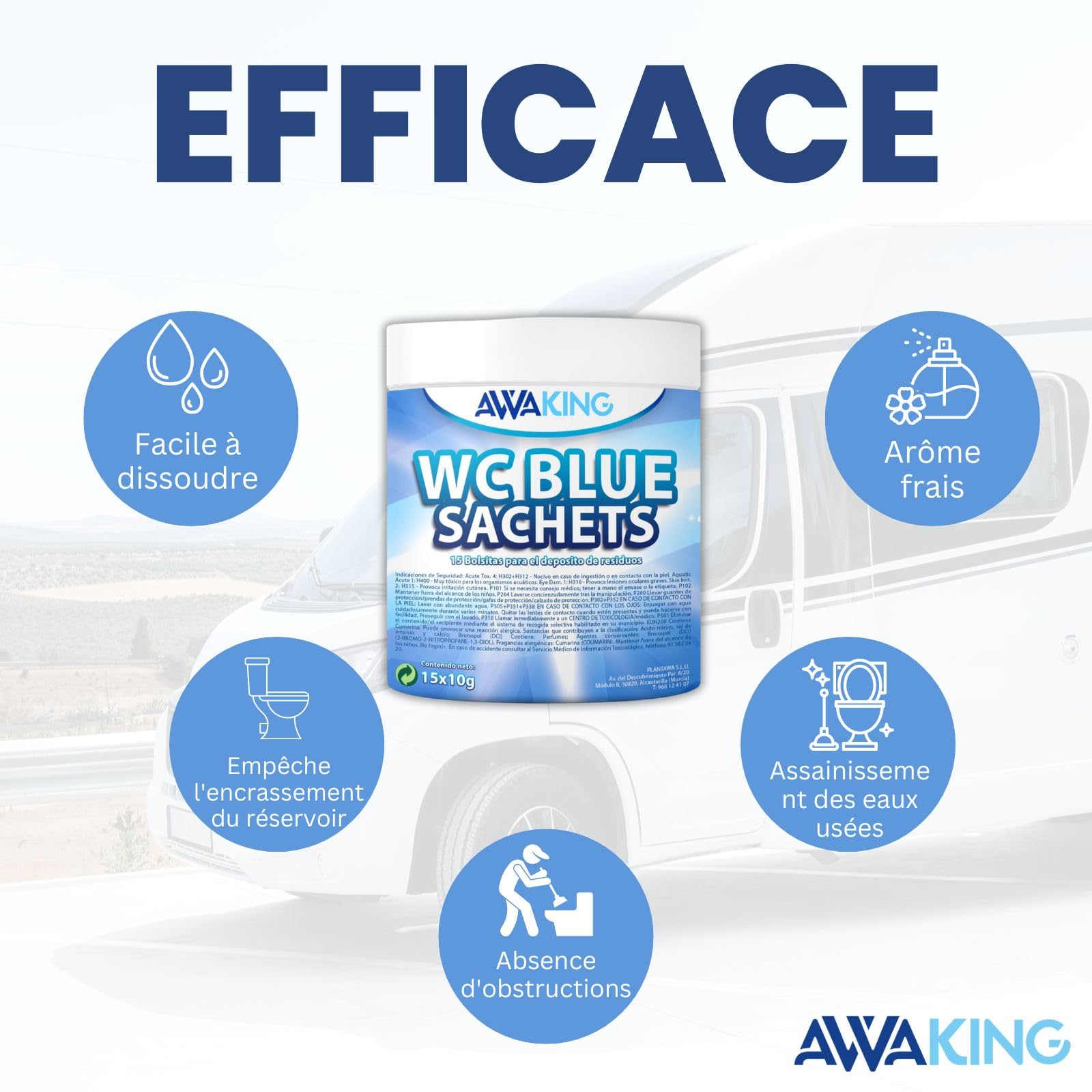 AWAKING Pastilles WC Chimique Pour Camping-Car 15 Blue Sachets | Nettoyage en profondeur et désodorise. Formule concentrée et arôme frais, réservoir d'eau noire, caravane, camping-car