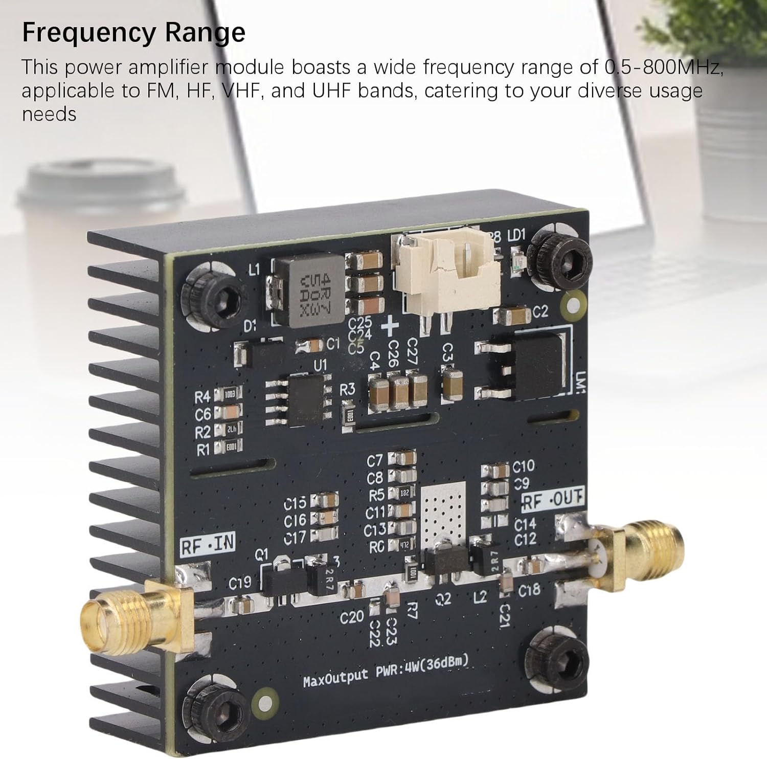 ciciglow HF Power Amplifier, RF Power Amplifier Module Radio Frequency VHF UHF 0.5-800MHz 40dB Gain 15W with Wide Input Voltage Range for Short Wave FM Broadcasting