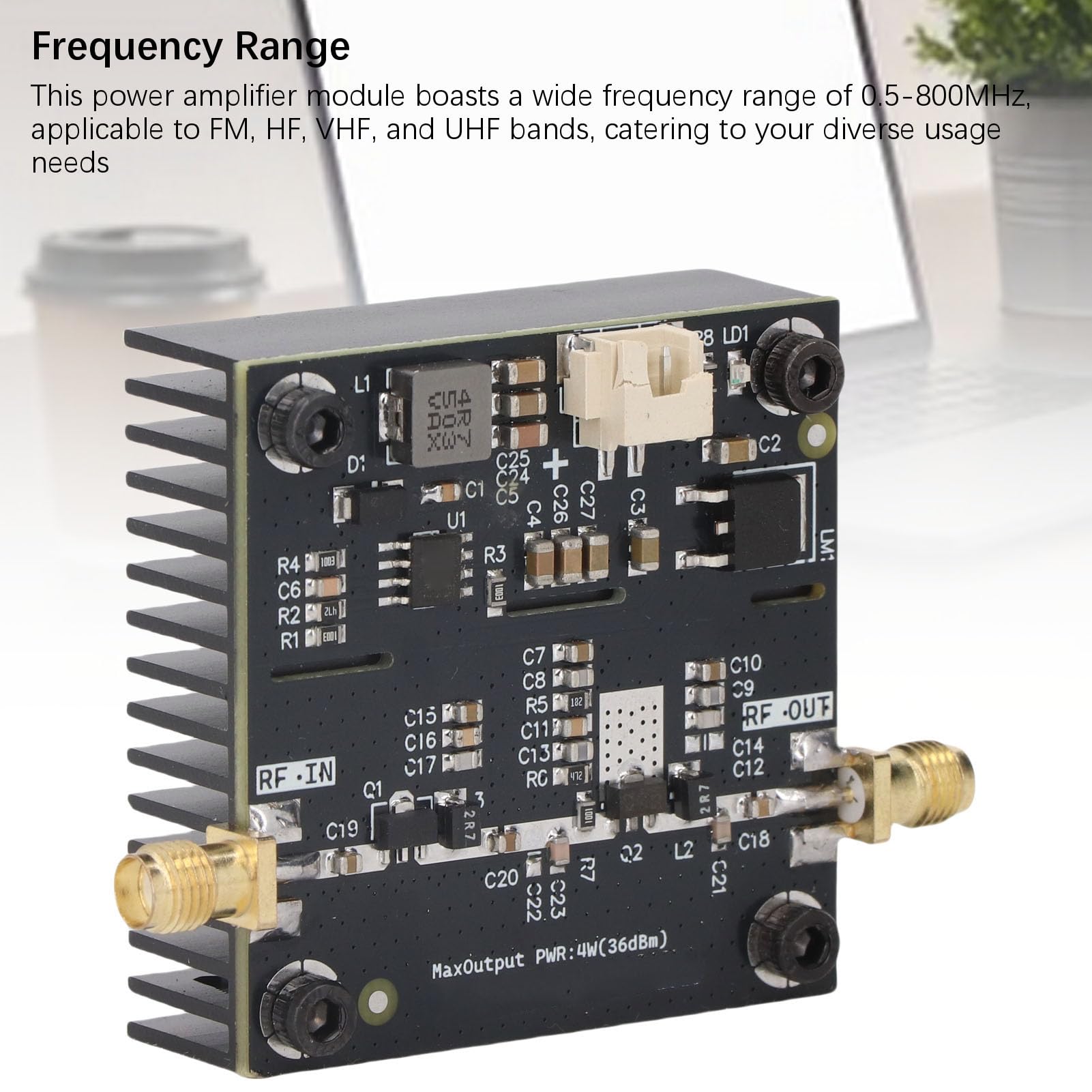 Denash HF-Leistungsverstärkermodul 0,5-800 MHz 40 DB Verstärkung 35-37 DBm Ausgang, VHF UHF FM HF-Breitbandplatine für GPS, Satelliten, Sender