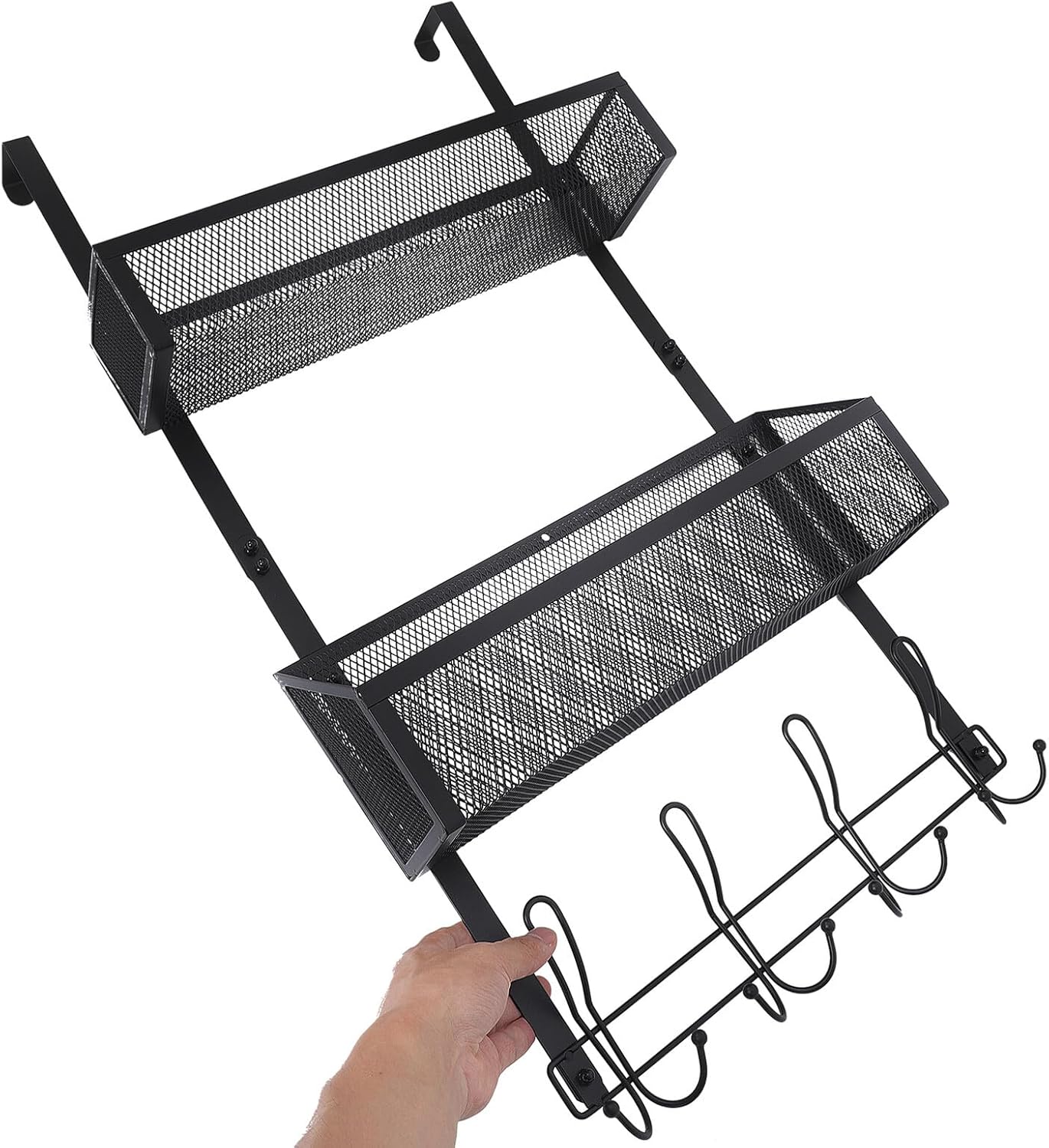 Cabilock Door Mesh Storage Basket, Steel Double-layer Hanging Organizer with Hooks, Black Door Rack for Kitchen Bathroom Bedroom Closet Utility