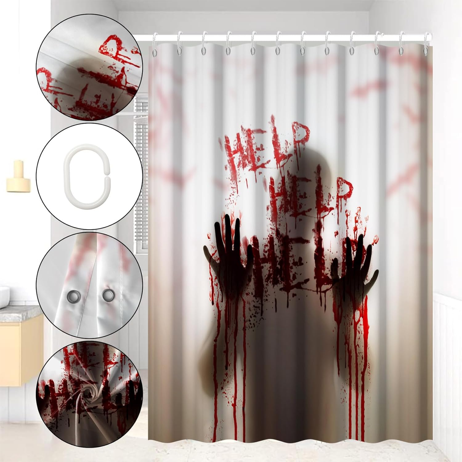 Renaiss 72x72 Inches Halloween Shower Curtain Spooky Bloody Hands Help Scary Ghost Shadow Horror Bath Curtains Fabric Shower Curtain Sets for Bathroom Home Decor Waterproof with Hooks