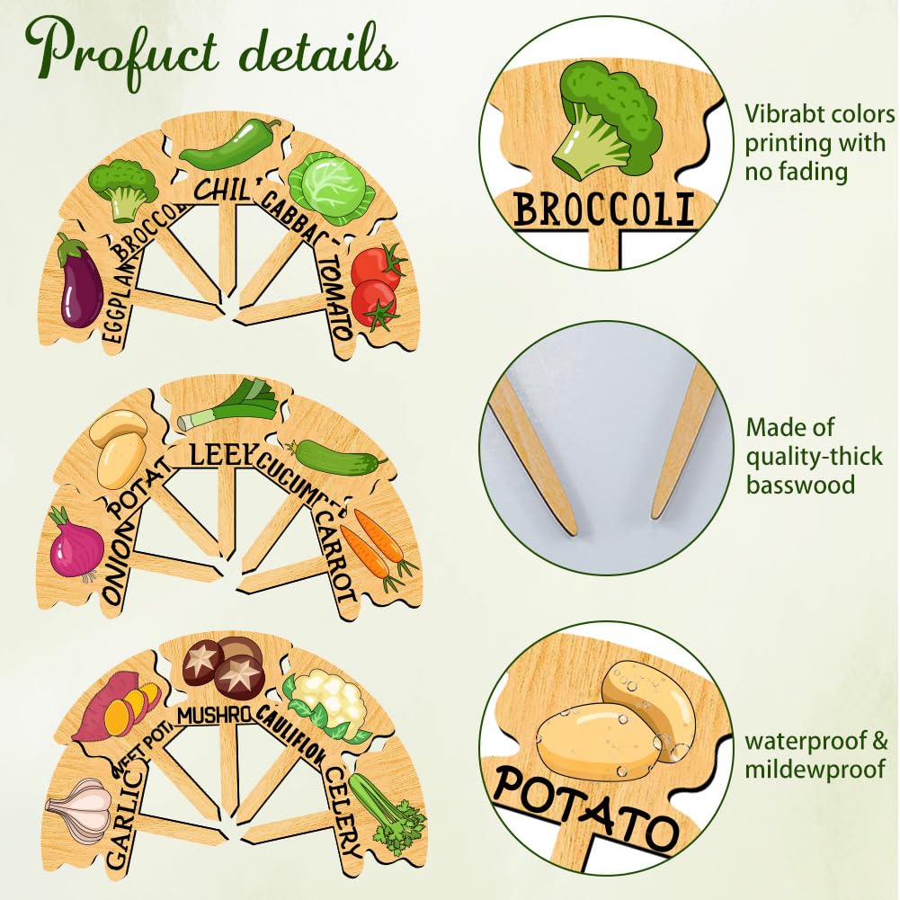 Arricraft 15 Pcs Wood T-Type Plant Tags, Illustrated Graphic Plant Sign