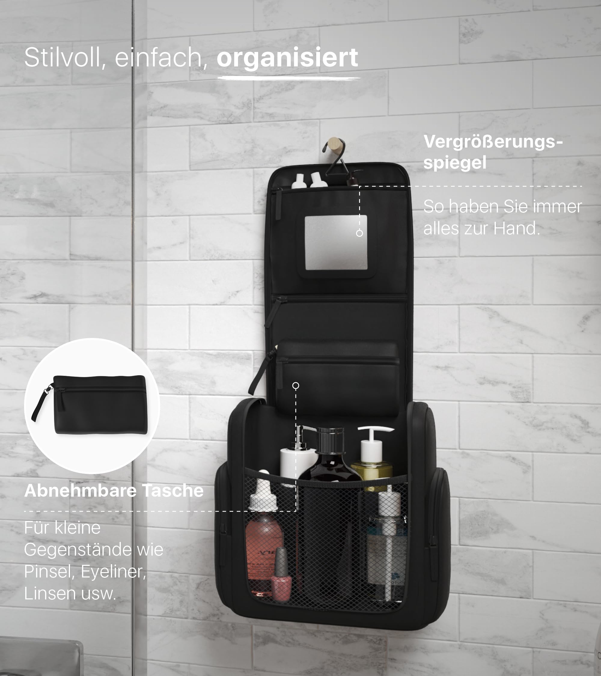 ONYX Kulturtasche Damen und Herren - Kulturbeutel zum Aufhängen aus PU-Tech-Material - Kosmetiktasche mit Spiegel für Reisen, Make-Up Organizer Tasche 26x24x11cm, Beautycase L Schwarz
