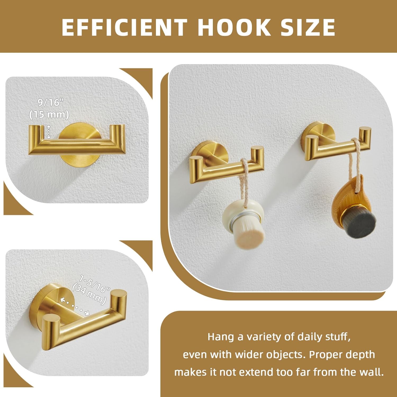 Angle Simple Towel Double Hook Brushed Dark Gold 2 PCS, SUS304 Stainless Steel Bathroom Hand Towel Holder, Double Robe Hook, Wall Mount