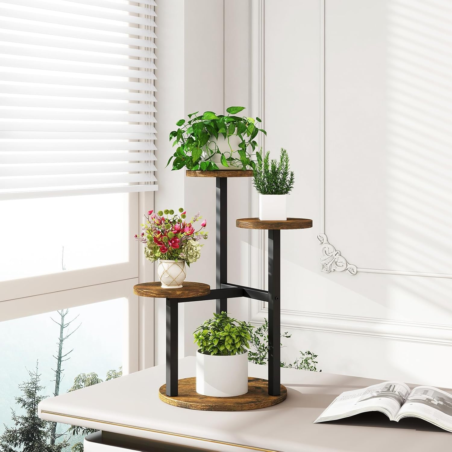 IBUYKE 4 Tier Plant Stand Indoor, Metal Wood Plant Shelf for Multiple Plants, Small Tiered Corner Flower Pot Stand for Living Room Patio Balcony Garden, Rustic Brown TMJ073H