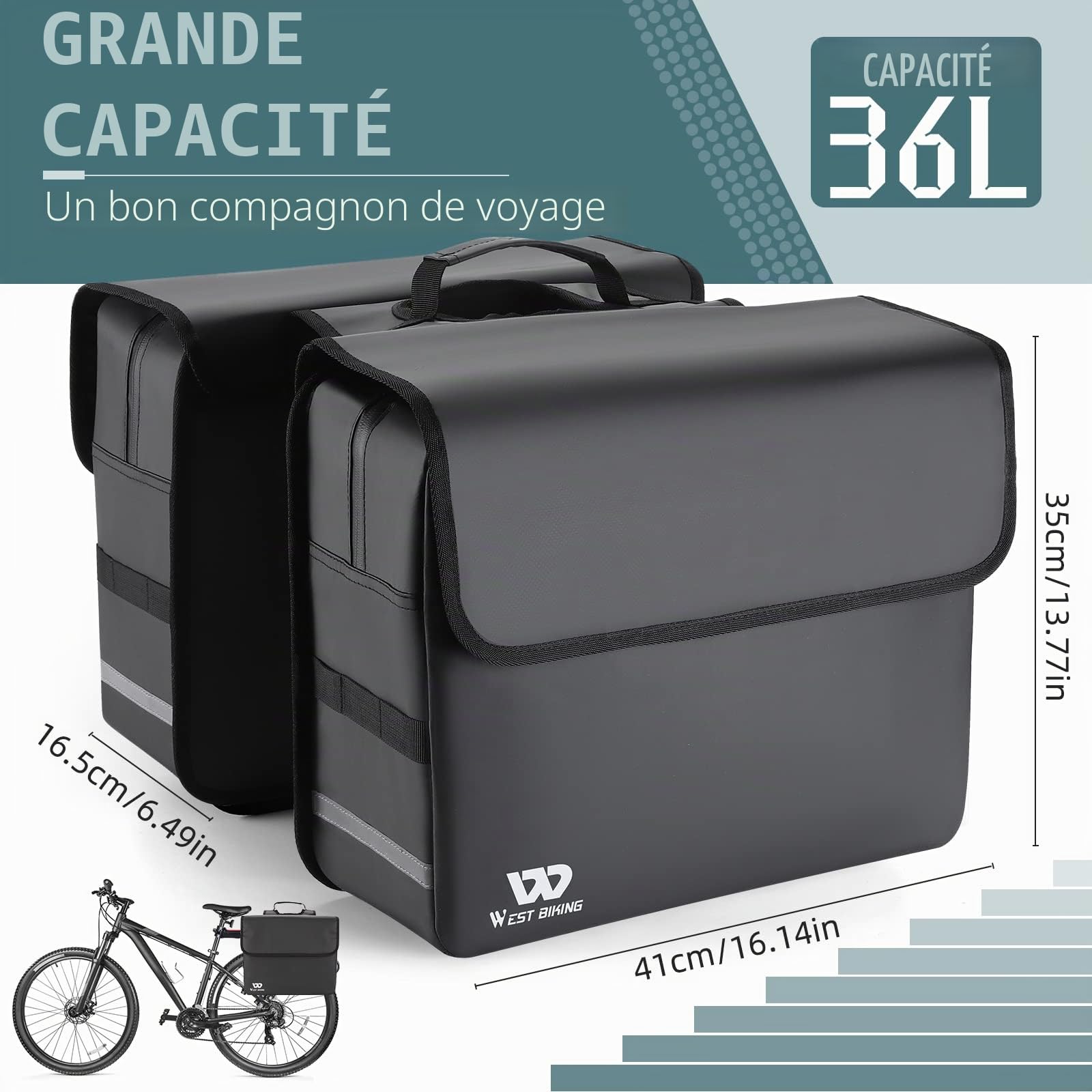 Sacoche de vélo pour porte-bagages, 36 l, étanche, double sacoche