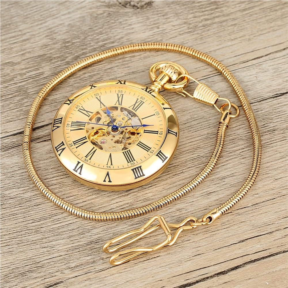 Orologio da Tasca Meccanico Automatico con quadrante Aperto in Argento/Oro, Classico, Numeri Romani, Ciondolo a Catena(SL2189 No Box)