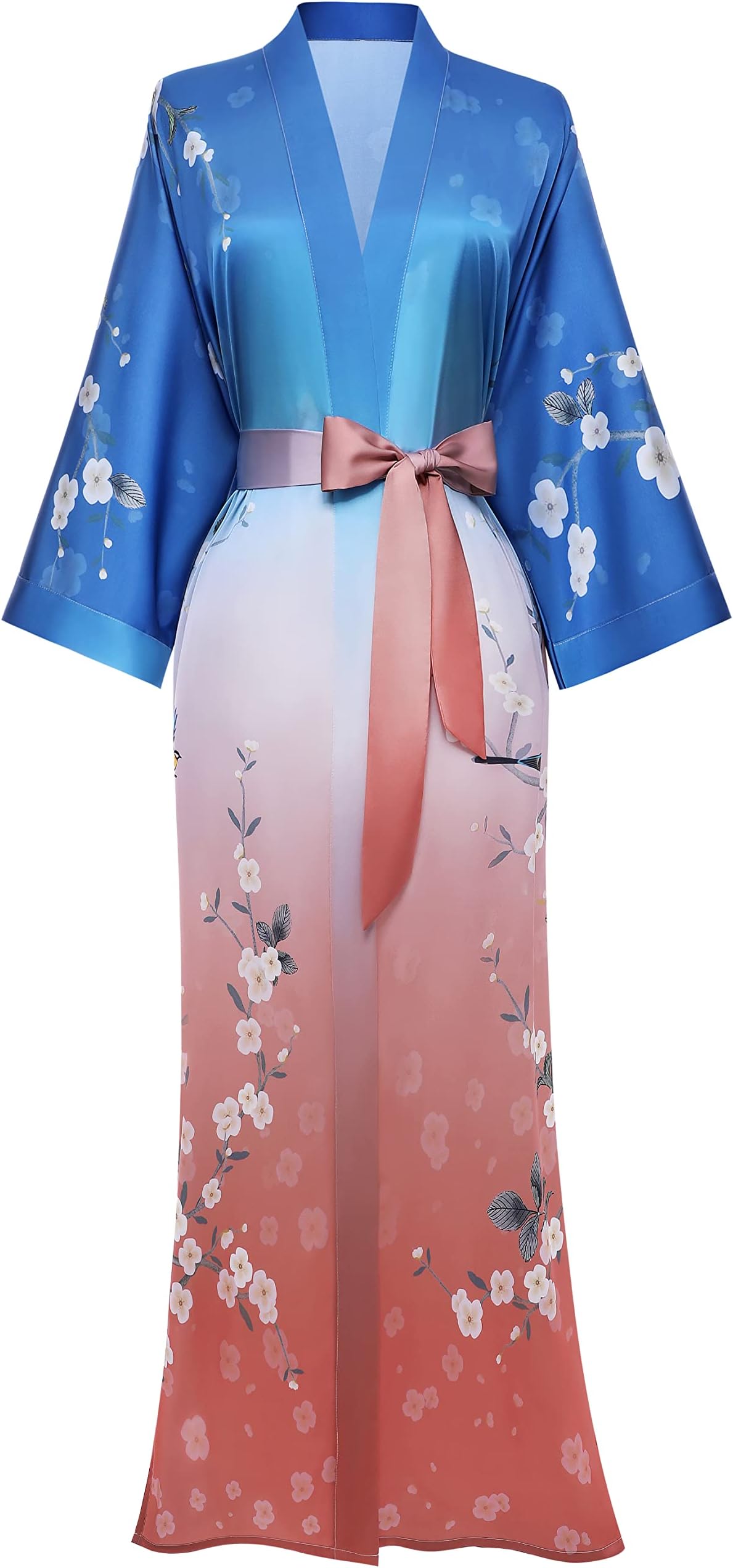 PRODESIGNLong Kimono Robe Satin Sleepwear Gradient Watercolor Silky Kimono Nightgown Bathrobe Kimono Blouse Cardigan