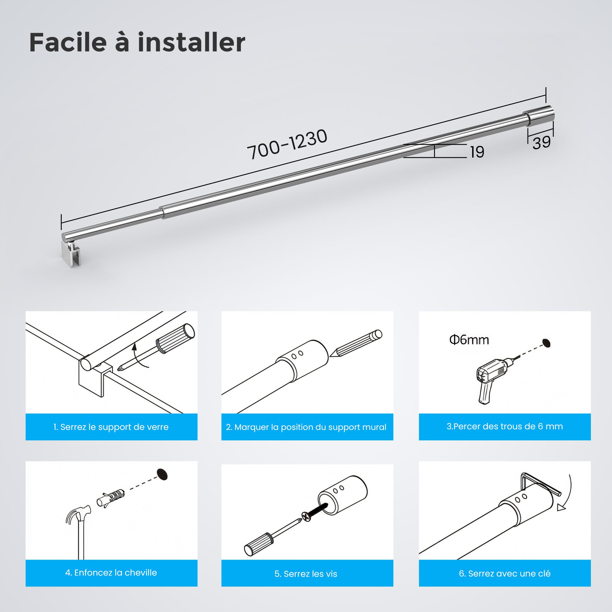 Heilmetz Barre de support de douche,rétractable 70-123 cm, barre de stabilisation ronde pour douches，pour verre de 8-10 mm d'épaisseur, acier inoxydable chromé(1 pièce)