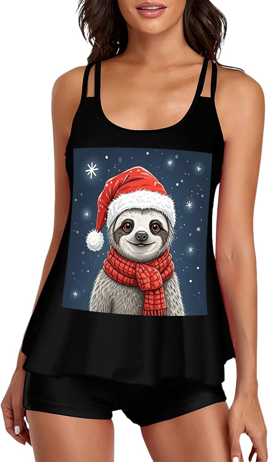 Christmas Sloth Tankini Swimsuits for Women Tummy Control Two Piece Bathing Suits Swim Tops with Boy Shorts