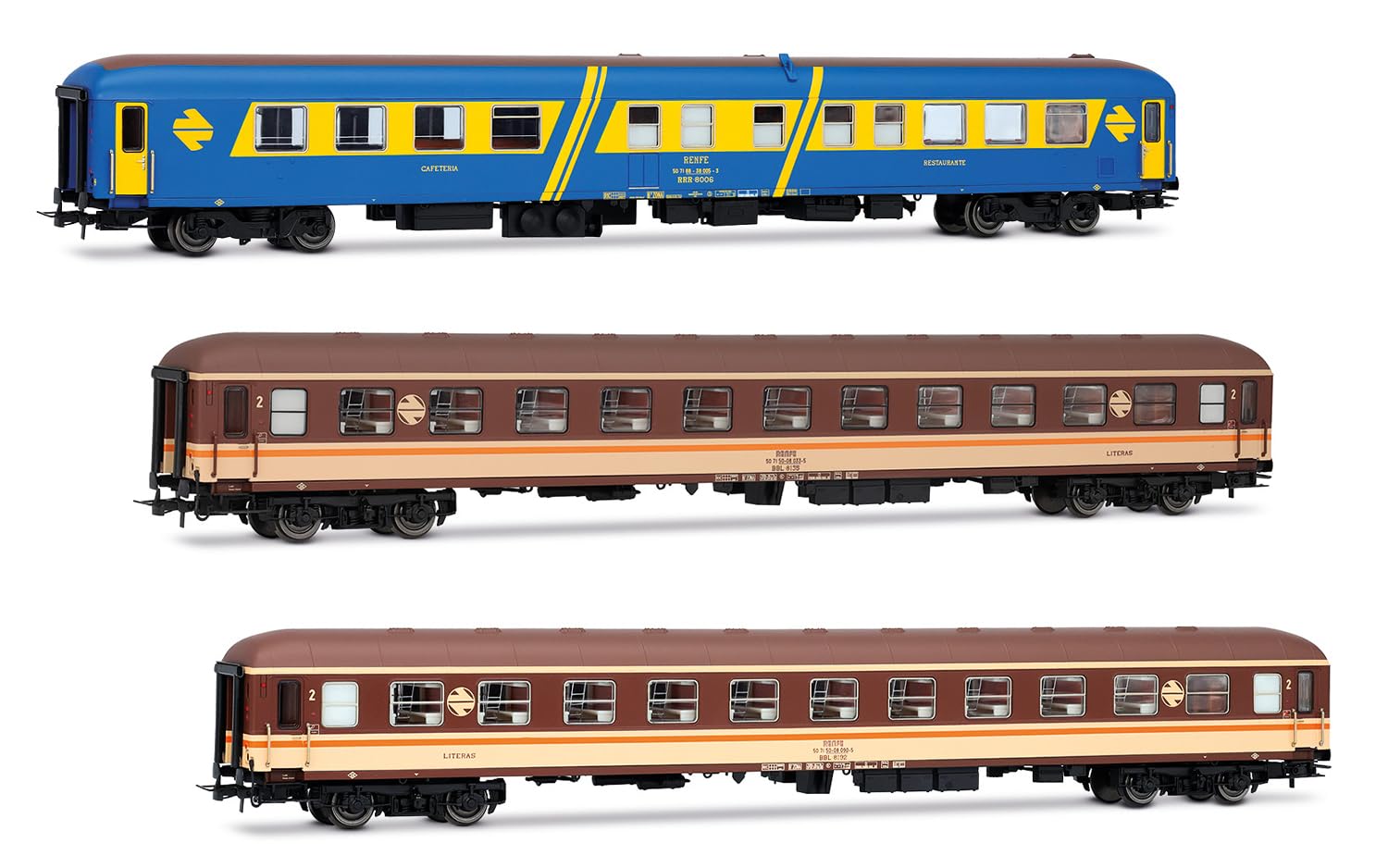 Electrotren HE4035 RENFE, 3-unit pack Costa Brava, blue restaurant coach + 2 x couchette coaches in Estrella livery, ep. IV Passenger Coaches