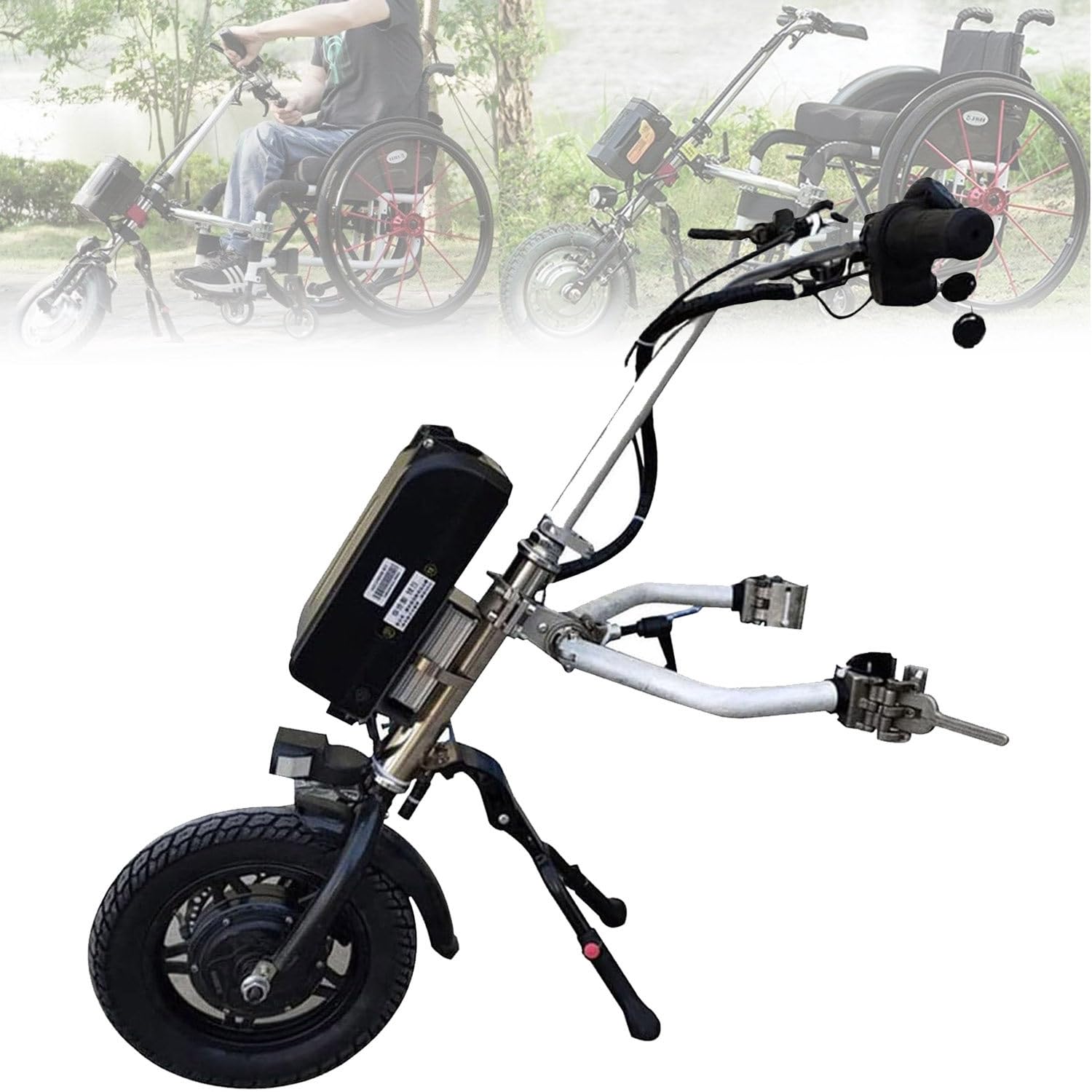12-calowy elektryczny wózek inwalidzki Amortyzowany widelec Handcycle, terapia rehabilitacyjna Elektryczny zestaw do konwersji wózka inwalidzkiego z przednim światłem, 16Ah,A