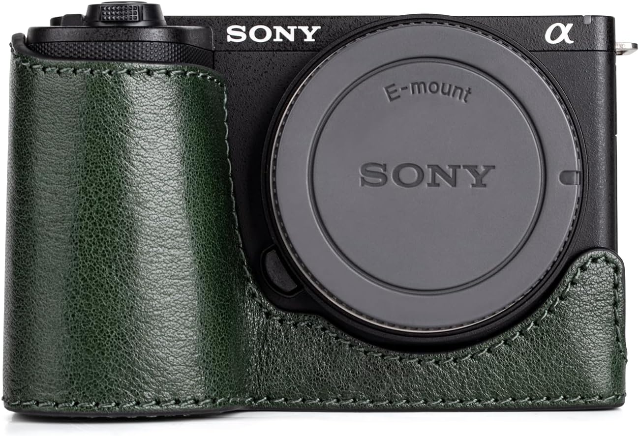 MUZIRI KINOKOO Protective Case for Sony ZV-E10 II, Vintage Textured Genuine Leather Half Case Compatible for Sony Alpha ZVE10 II/ZV-E10 II Camera, with Opening Bottom & 1/4” Thread Screw - Green