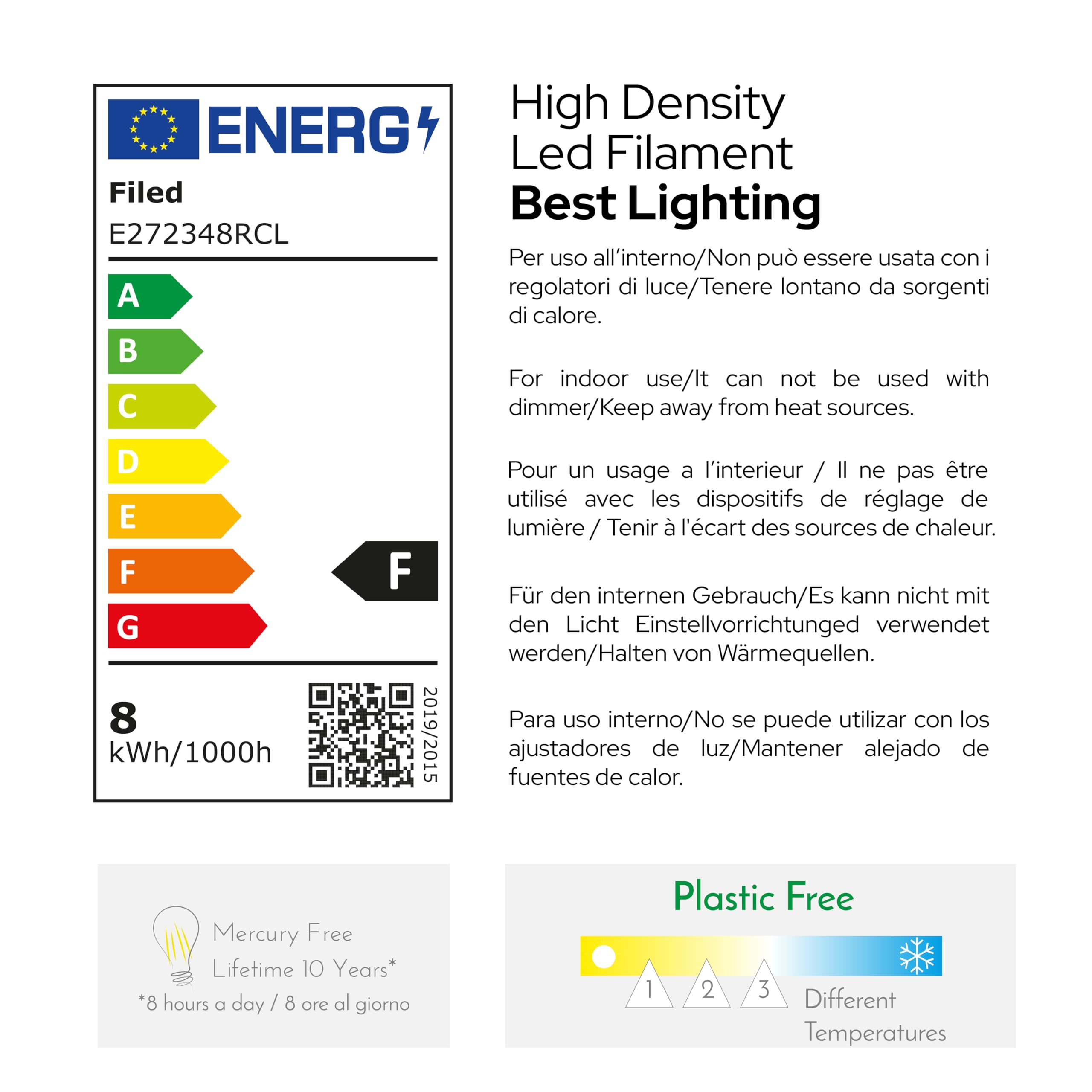 Smart Goccia Color Click Glühbirne 8W, E27, transparentes Glas, variable Farbe 2100-4000-6000K, gerader LED-Glühfaden, 960 Lumen, 10er-Pack