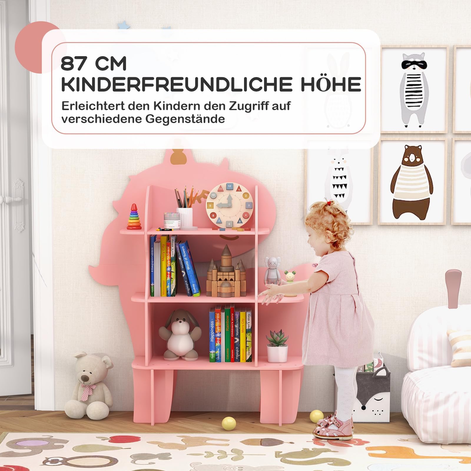 COSTWAY Kinderregal 3 Ebenen in Einhornform, Spielzeugregal Holz mit offenen Regalen, Bücherregal Kinder, Kinderzimmer Regal für Kinderzimmer, Spielzimmer, Kindergarten