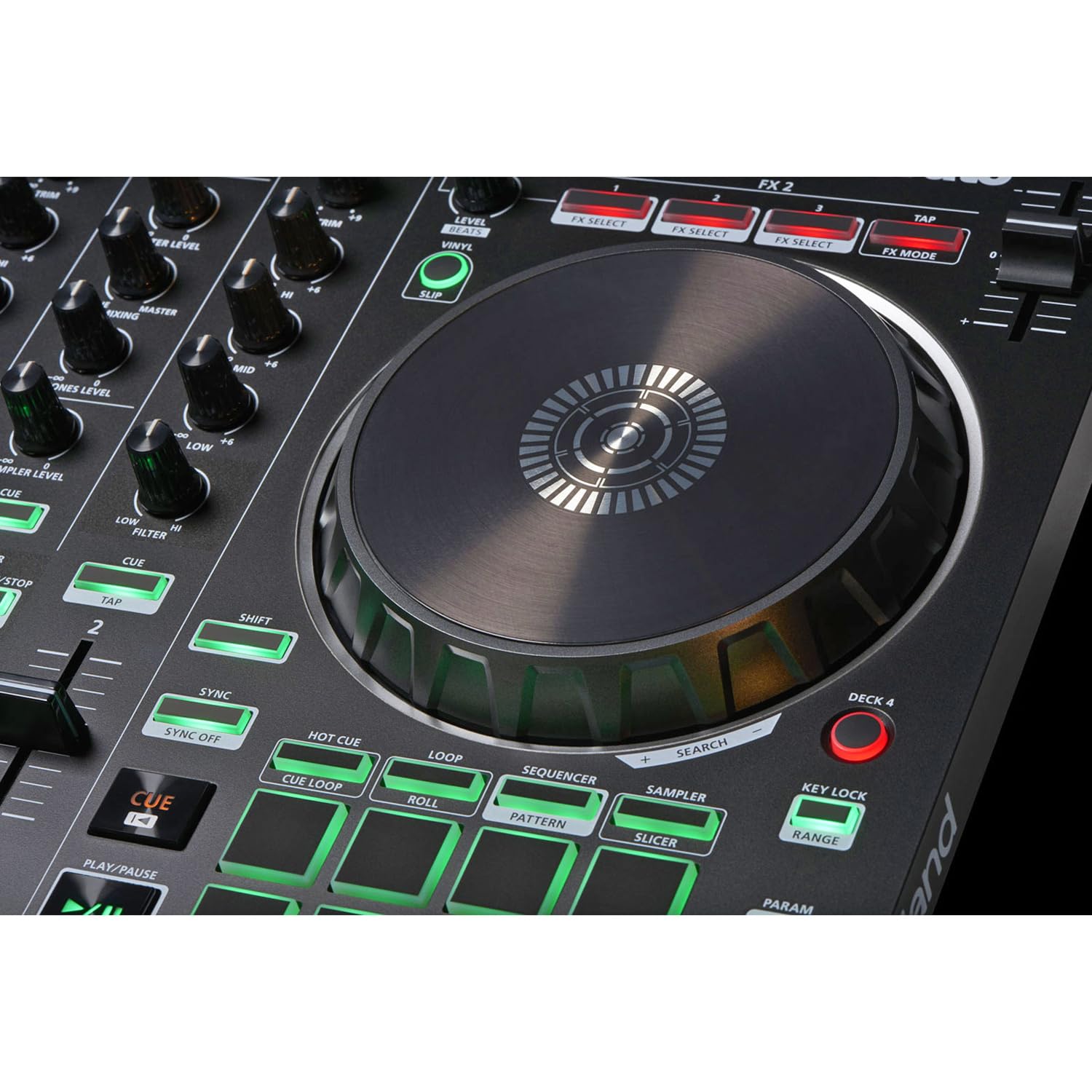 Roland DJ-202 2-Kanal 4-Deck USB-DJ-Controller mit keepdrum Laptopständer Silber