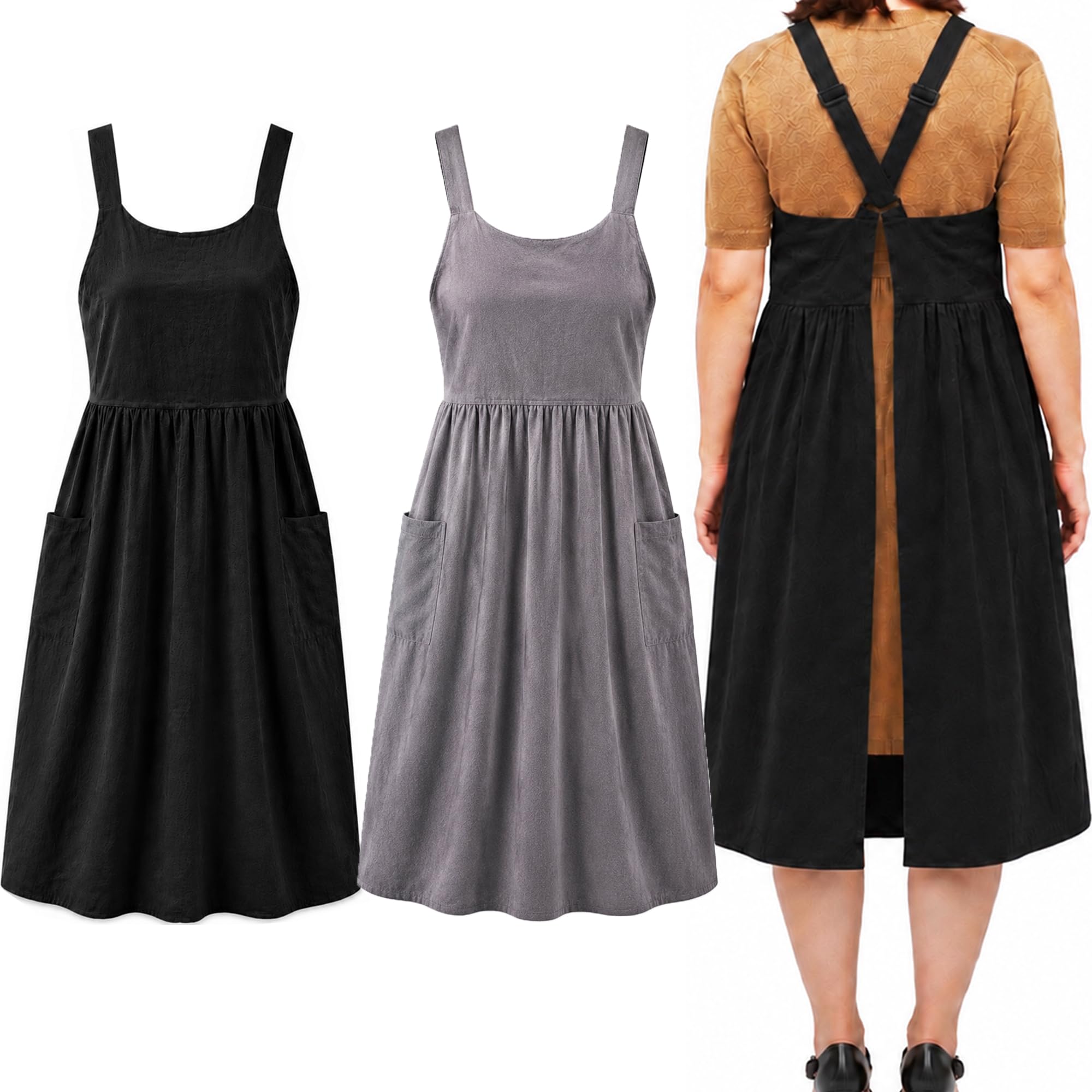 Uaussi Delantal de algodón y lino con espalda cruzada, delantal de trabajo para mujer con bolsillos, vestido de pinafore X Cruz Halter delantal para chef jardinería, Paquete de 2, negro y gris, talla