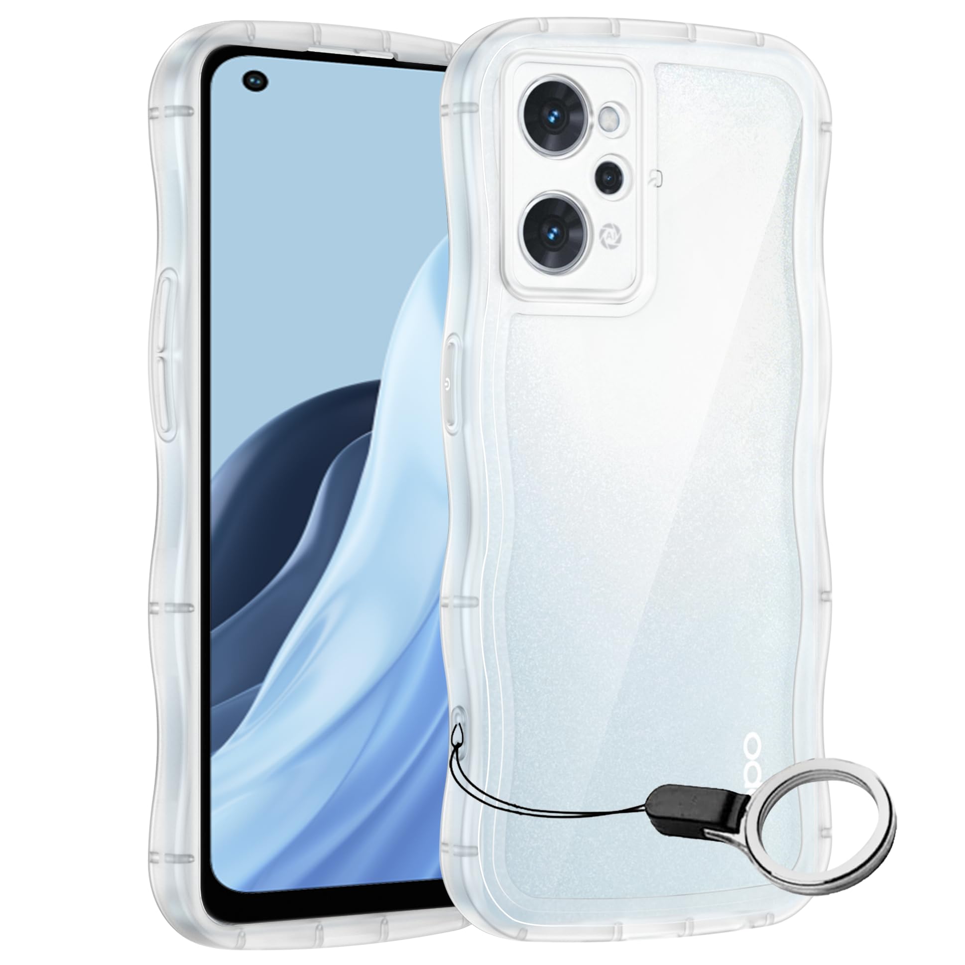OPPO Reno 7A/9A用ケースクリア リング付き リノ 9a / リノ 7a ウェーブ 純透明 マグセフ 可愛い マツと感 TPU 耐衝撃 超軽量 極薄 透明 黄ばみなし 滑り止め かわいいうねうね 韓国 人気 ストラップホール付きなみなみ カバー・OPPO Reno 7A/9Aクリア