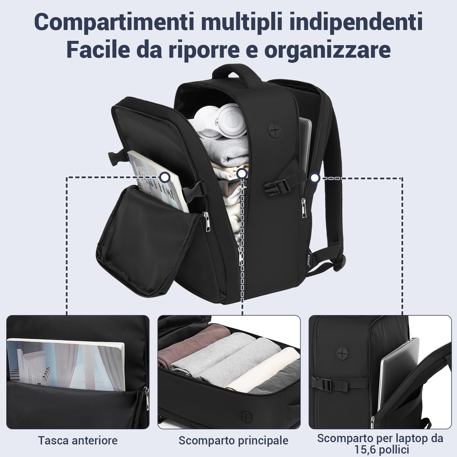 KONO Zaino 40x30x20cm Zaino da Viaggio per Ryanair Aereo Bagaglio a Mano 24L per Wizzair per Uomo e Donna,Nero