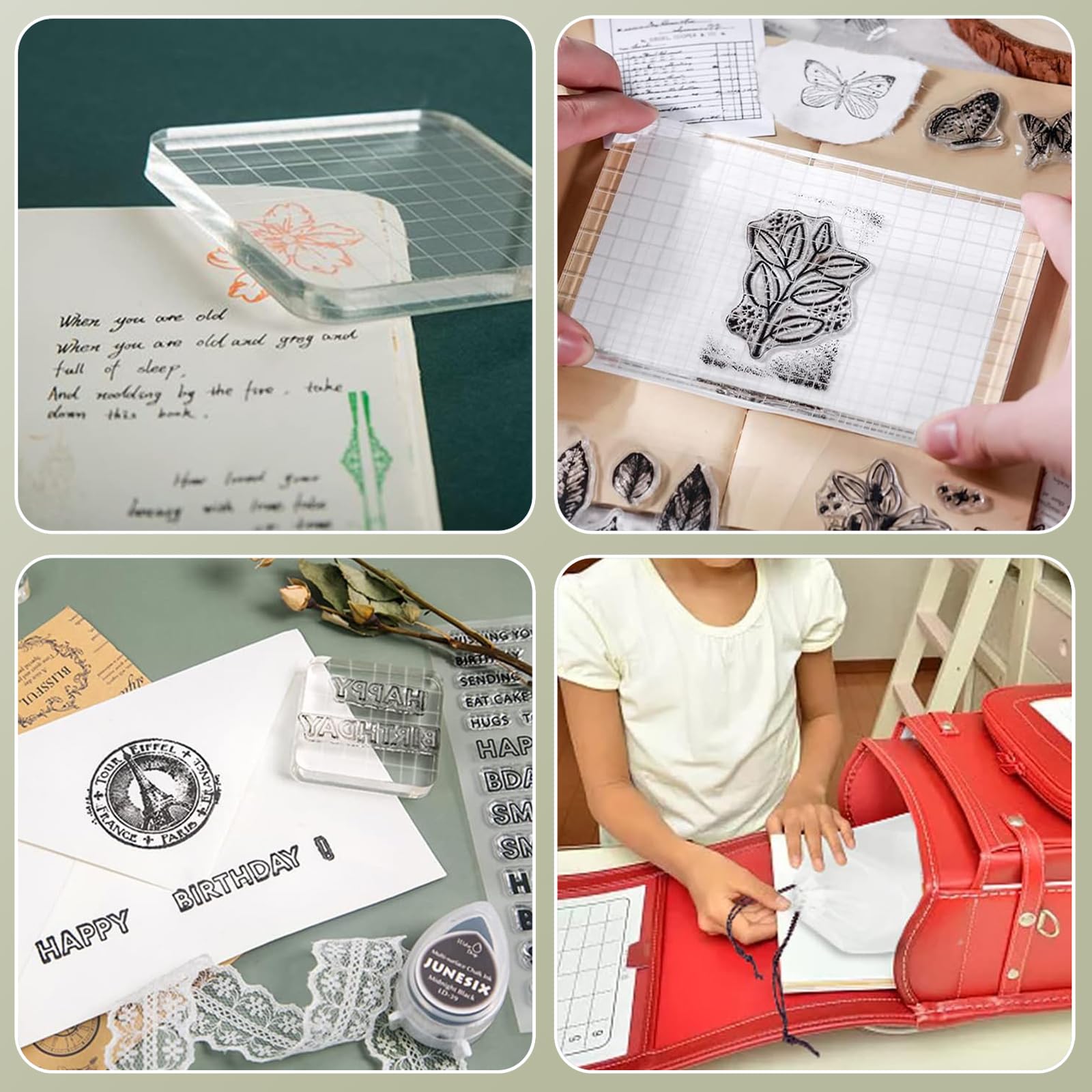 3 Blocs De Tamponnage Transparents Acrylique - Tailles 5x5 Cm, 7.5x7.5 Cm, 10x10 Cm - Avec Lignes De Guidage, Bords Arrondis