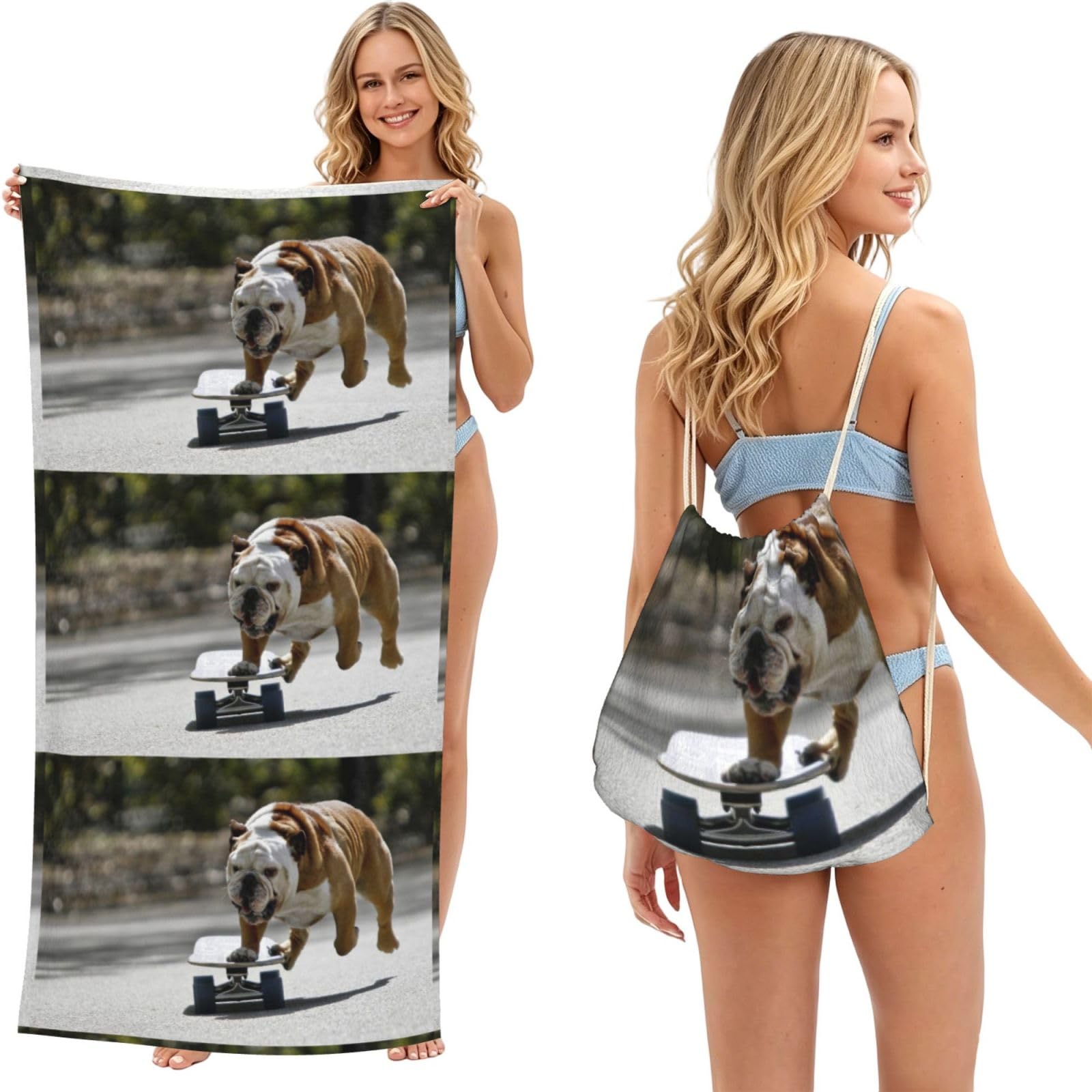 Poadnly As Picture English Bulldogs Bokeh Skateboard Pets English, 2 In 1 Packable Towel Bag, Beach Towels With Drawstring Backpack For Travel Holiday Camping