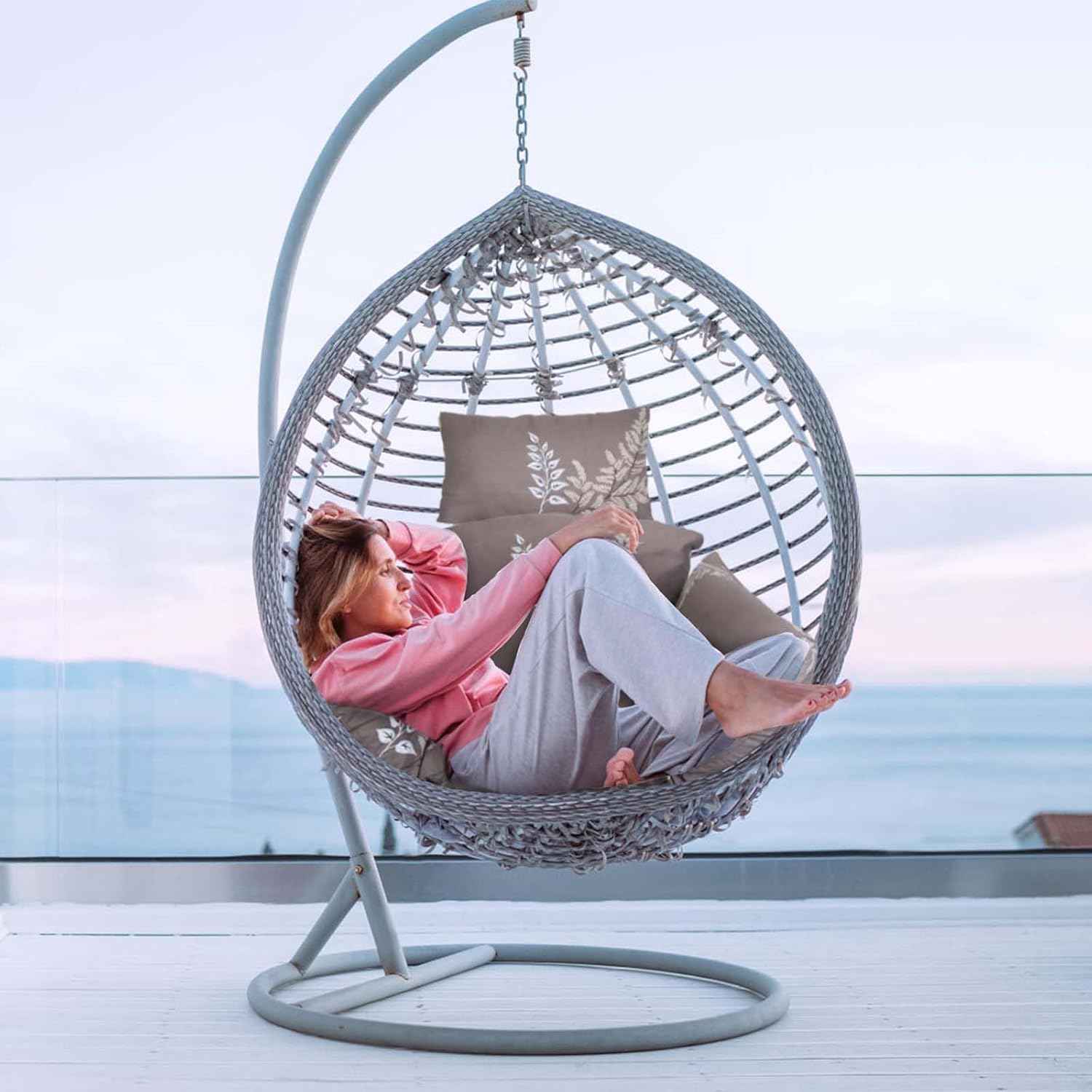 Egg Chair Cushion, Soft Thicken Swing Egg Chair Cushion with Headrest, Hanging Basket Chair Pads, Removable & Washable Hammock Chair Cushions for Indoor/Outdoor, Coffee_BeigeLeaf