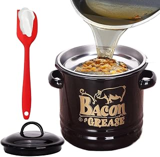 Bacon Grease Saver – Emaljmatlagningsbehållare, silikonfiltreringsinsats, värmestabil förvaring, kompakt bänkdesign | För Bacon Fat Oil Collection Återvinning Bakning Frukost Brunch Måltid Prepa