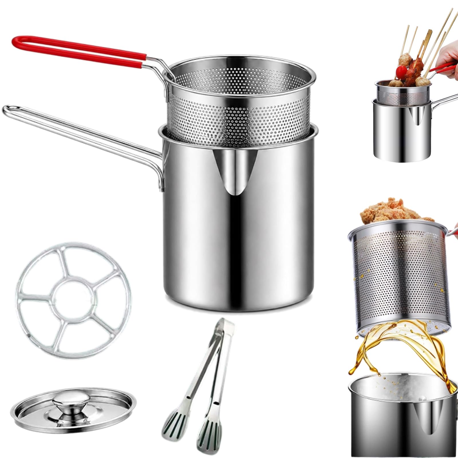 Stainless Steel Deep Fryer Set, Stainless Steel Fryer Pot with Basket，5 Pcs