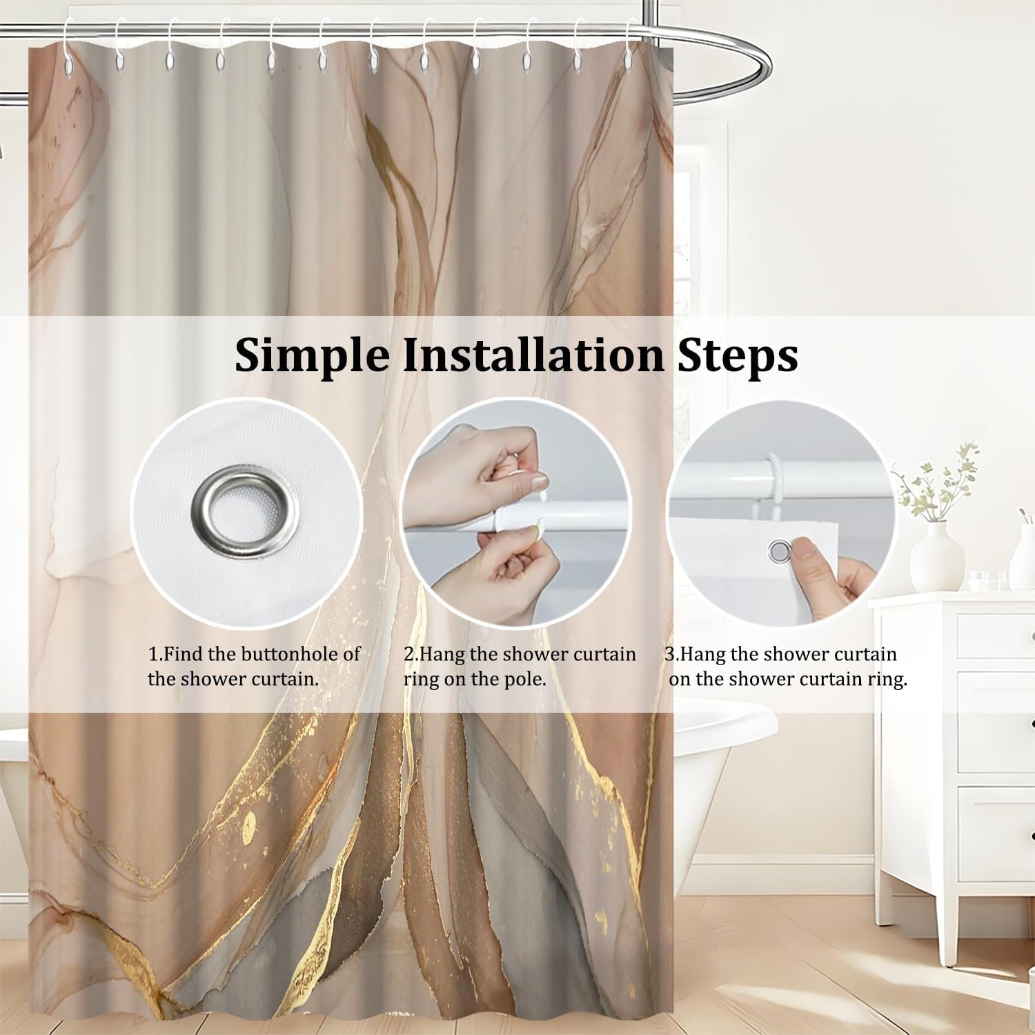 Brown Shower Curtain for Bathroom Abstract Ombre Grey and Brown Marble Texture Gold Veins Modern Bath Curtain Waterproof Polyester Fabric Shower Curtains Set with Hooks,72x84inch