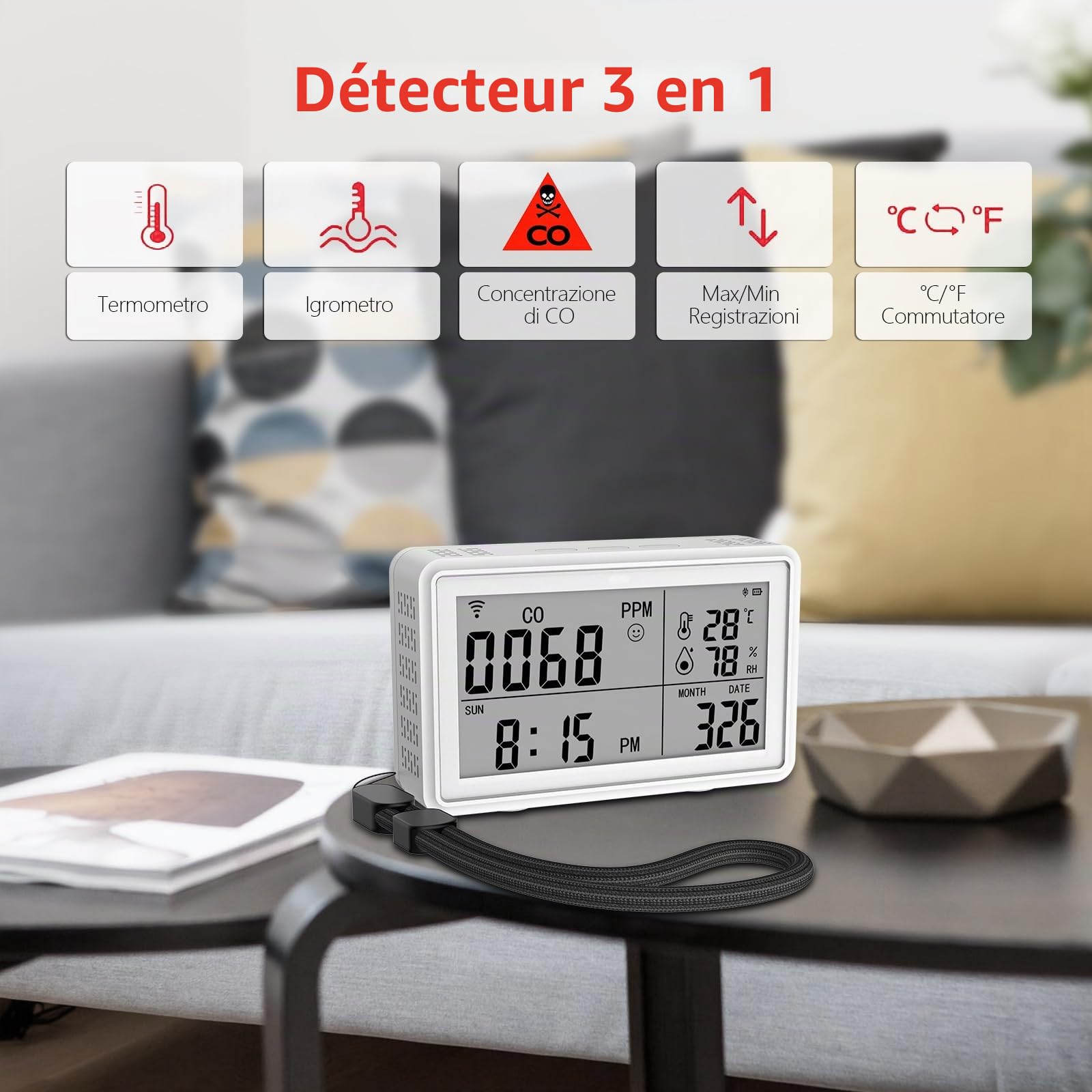 Détecteur Portable 3 en 1 Monoxyde Carbone,Température Humidité Tuya WiFi,Hygromètre Thermomètre Numériques Sans fil,Moniteur Température D'humidité,Détecteur D'alarme à Capteur CO pour la Maison,Cave